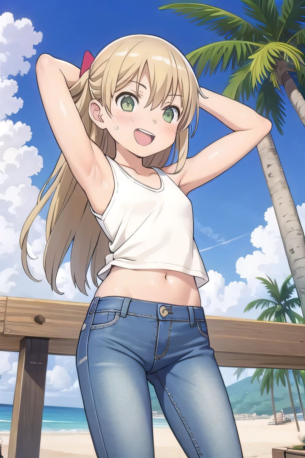 masterpiece,best quality,ultra detail, ((Perfect Face, Perfect Arms, Perfect hands, Perfect Fingers)), 1girl, , peti ((round face, ecstasy, orgasm face, drooping eyes, shame smiling, blush)), dropping eyes, sleepy, Open mouth, ((White teeth)), background((under the beach, (day:1.2), palm tree, bright sky)), maka albarn, green eyes, blonde hair, long hair, ((arms behind head, hands behind head, fingers behind head)), ((contrapposto)), spread armpits, looking at viewer,, (white tank top:1.2), (white crop top:1.2), (jeans pants:1.2, flares jeans:1.2, skinny jeans:1.2, blue jeans:1.2), standing, (legs spread:1.4), sex pose, Sweaty crotch, Steam from the crotch, from below, whole body
