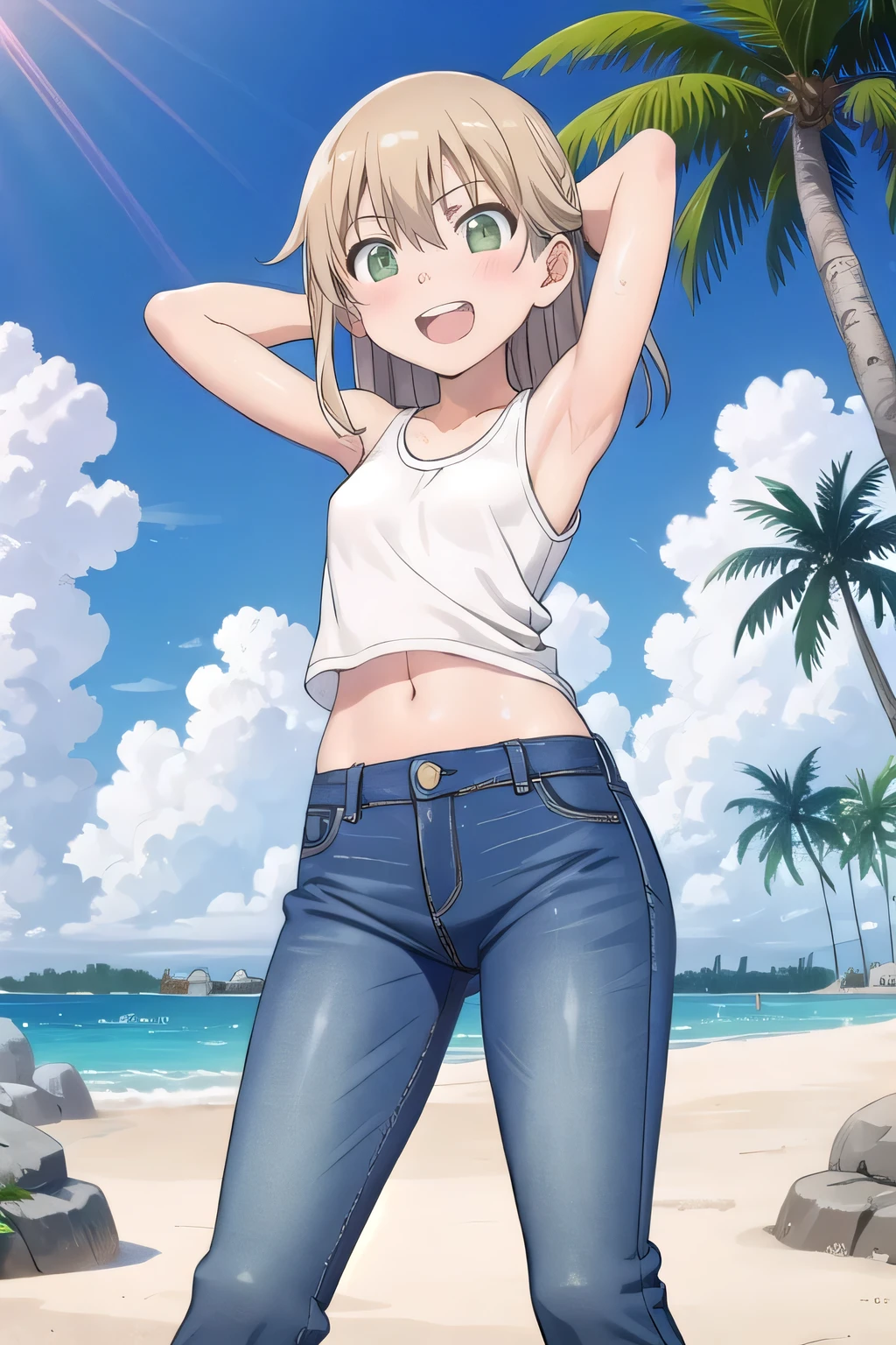 masterpiece,best quality,ultra detail, ((Perfect Face, Perfect Arms, Perfect hands, Perfect Fingers)), 1girl, , peti ((round face, ecstasy, orgasm face, drooping eyes, shame smiling, blush)), dropping eyes, sleepy, Open mouth, ((White teeth)), background((under the beach, (day:1.2), palm tree, bright sky)), maka albarn, green eyes, blonde hair, long hair, ((arms behind head, hands behind head, fingers behind head)), ((contrapposto)), spread armpits, looking at viewer,, (white tank top:1.2), (white crop top:1.2), (jeans pants:1.2, flares jeans:1.2, skinny jeans:1.2, blue jeans:1.2), standing, (legs spread:1.4), sex pose, Sweaty crotch, Steam from the crotch, from below, whole body