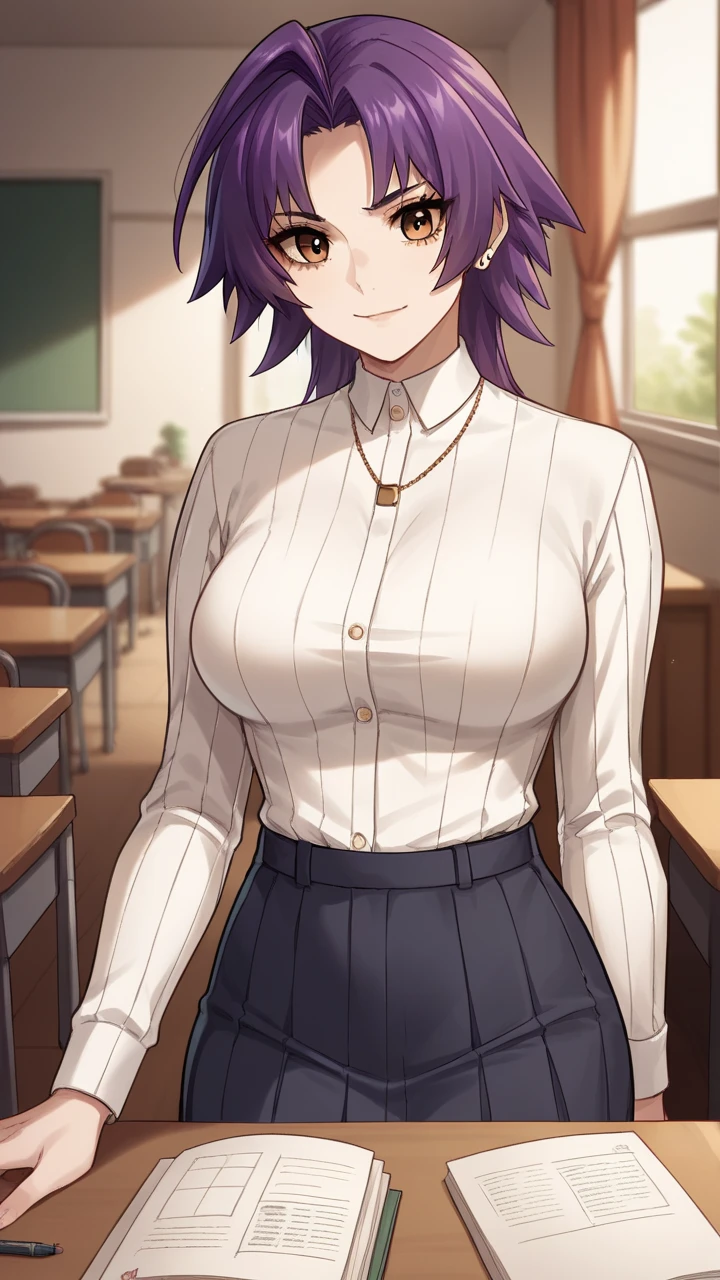  score_9,  score_8_up,  score_7_up,  score_6_up, 1 girl,stupid hair,  purple hair, split bang , medium hair,nice,  big head,  big breasted,Wearing clothes,Big Breasts,45 years old,Teach high school students how to study,gentlemen, inside the house, laughs,tutor