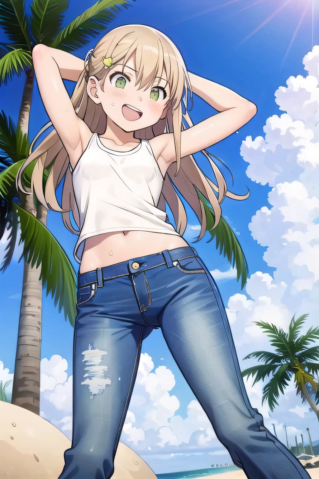 masterpiece,best quality,ultra detail, ((Perfect Face, Perfect Arms, Perfect hands, Perfect Fingers)), 1girl, , peti ((round face, ecstasy, orgasm face, drooping eyes, shame smiling, blush)), dropping eyes, sleepy, Open mouth, ((White teeth)), background((under the beach, (day:1.2), palm tree, bright sky)), maka albarn, green eyes, blonde hair, long hair, ((arms behind head, hands behind head, fingers behind head)), ((contrapposto)), spread armpits, looking at viewer,, (white tank top:1.2), (white crop top:1.2), (jeans pants:1.2, flares jeans:1.2, skinny jeans:1.2, blue jeans:1.2), standing, (legs spread:1.4), sex pose, Sweaty crotch, Steam from the crotch, from below, whole body