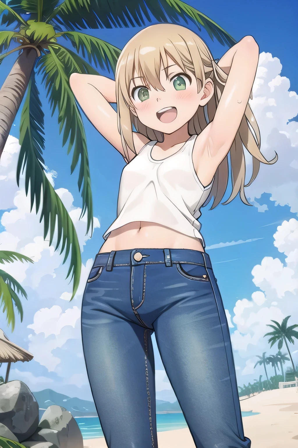 masterpiece,best quality,ultra detail, ((Perfect Face, Perfect Arms, Perfect hands, Perfect Fingers)), 1girl, , peti ((round face, ecstasy, orgasm face, drooping eyes, shame smiling, blush)), dropping eyes, sleepy, Open mouth, ((White teeth)), background((under the beach, (day:1.2), palm tree, bright sky)), maka albarn, green eyes, blonde hair, long hair, ((arms behind head, hands behind head, fingers behind head)), ((contrapposto)), spread armpits, looking at viewer,, (white tank top:1.2), (white crop top:1.2), (jeans pants:1.2, flares jeans:1.2, skinny jeans:1.2, blue jeans:1.2), standing, (legs spread:1.4), sex pose, Sweaty crotch, Steam from the crotch, from below, whole body