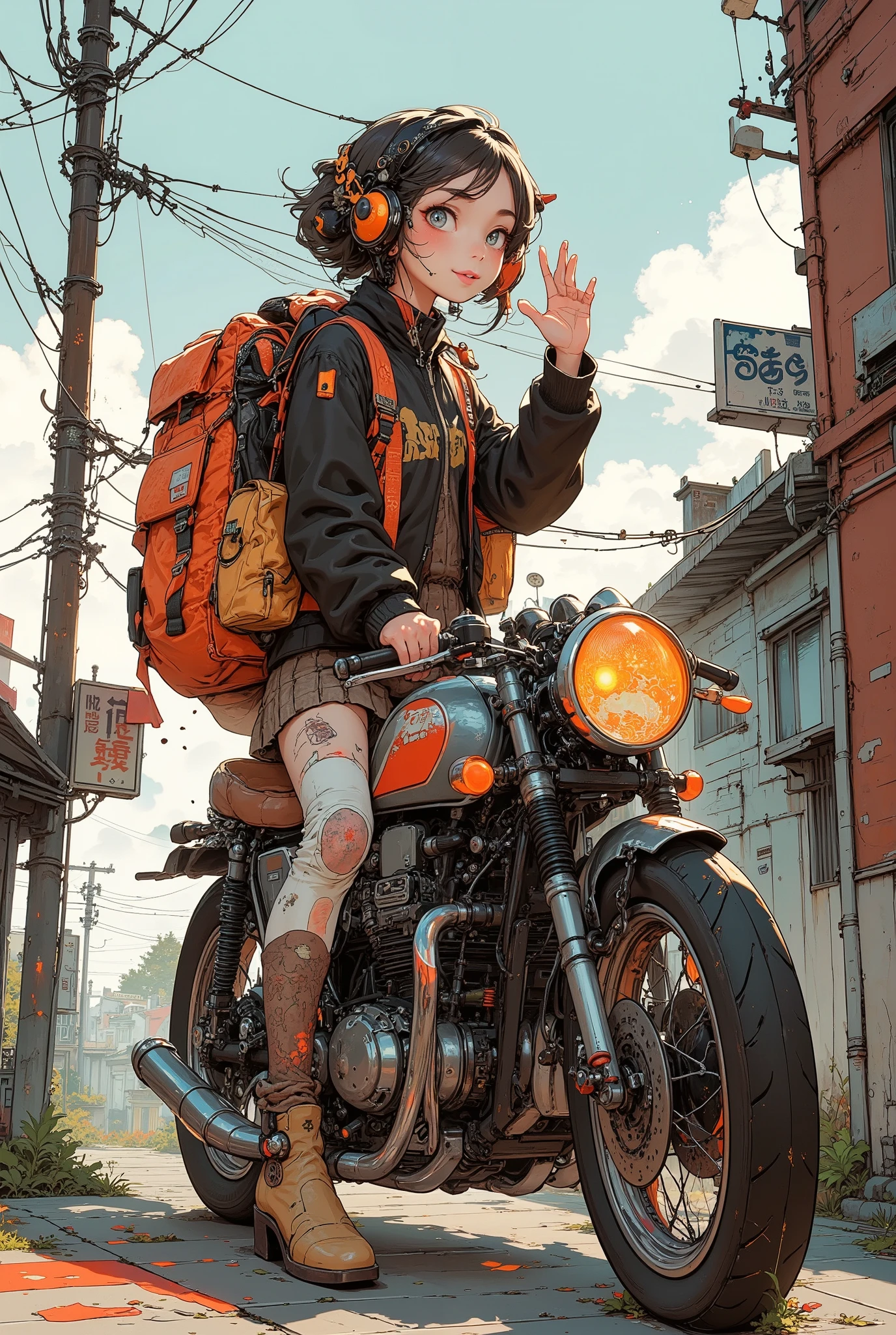 A girl straddling a motorcycle, looking back at me, smiling and waving, Street Corner in a Japanese Suburb, Motorcycle bed light clearly on morning glow, big backpack, Luxurious Fabrics, Details, full color illustrations, Fantastic painting atmosphere, ((anatomically accurate)), Japanese Streetscape in the 1980s, masterpiece, best quality, (High Definition, masterpiece, Accurate, top quality, High Definition model, high detail, (((The textures are soft))), ((matte and toy-like with a handmade premium look)), (((Tim Burton style))),