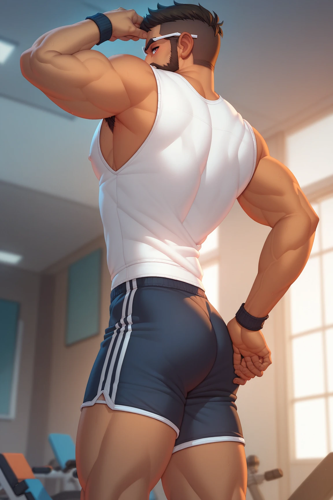 best quality, masterpiece, amazing details, (handsome dark skinned muscular young man with curly brown hair), exaggerated tiny waist, oversized white crop top tshirt, tiny booty short, bulge, penis outline, rollerblading on sidewalk, in a crowded park, perfect fingers, no watermark, no logo, no signature