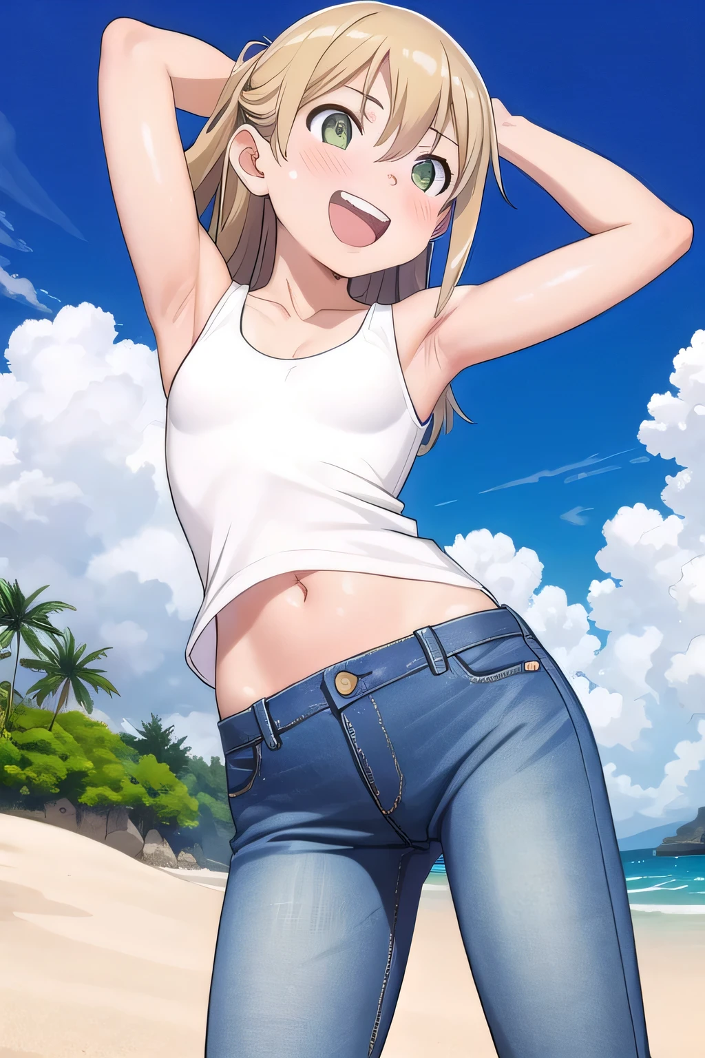 masterpiece,best quality,ultra detail, ((Perfect Face, Perfect Arms, Perfect hands, Perfect Fingers)), 1girl, , peti ((round face, ecstasy, orgasm face, drooping eyes, shame smiling, blush)), dropping eyes, sleepy, Open mouth, ((White teeth)), background((under the beach, (day:1.2), bright sky)), maka albarn, green eyes, blonde hair, long hair, ((arms behind head, hands behind head, fingers behind head)), ((contrapposto)), spread armpits, looking at viewer,, (white tank top:1.2), (white crop top:1.2), (jeans pants:1.2, flares jeans:1.2, skinny jeans:1.2, blue jeans:1.2), standing, (legs spread:1.4), sex pose, Sweaty crotch, Steam from the crotch, from below, whole body