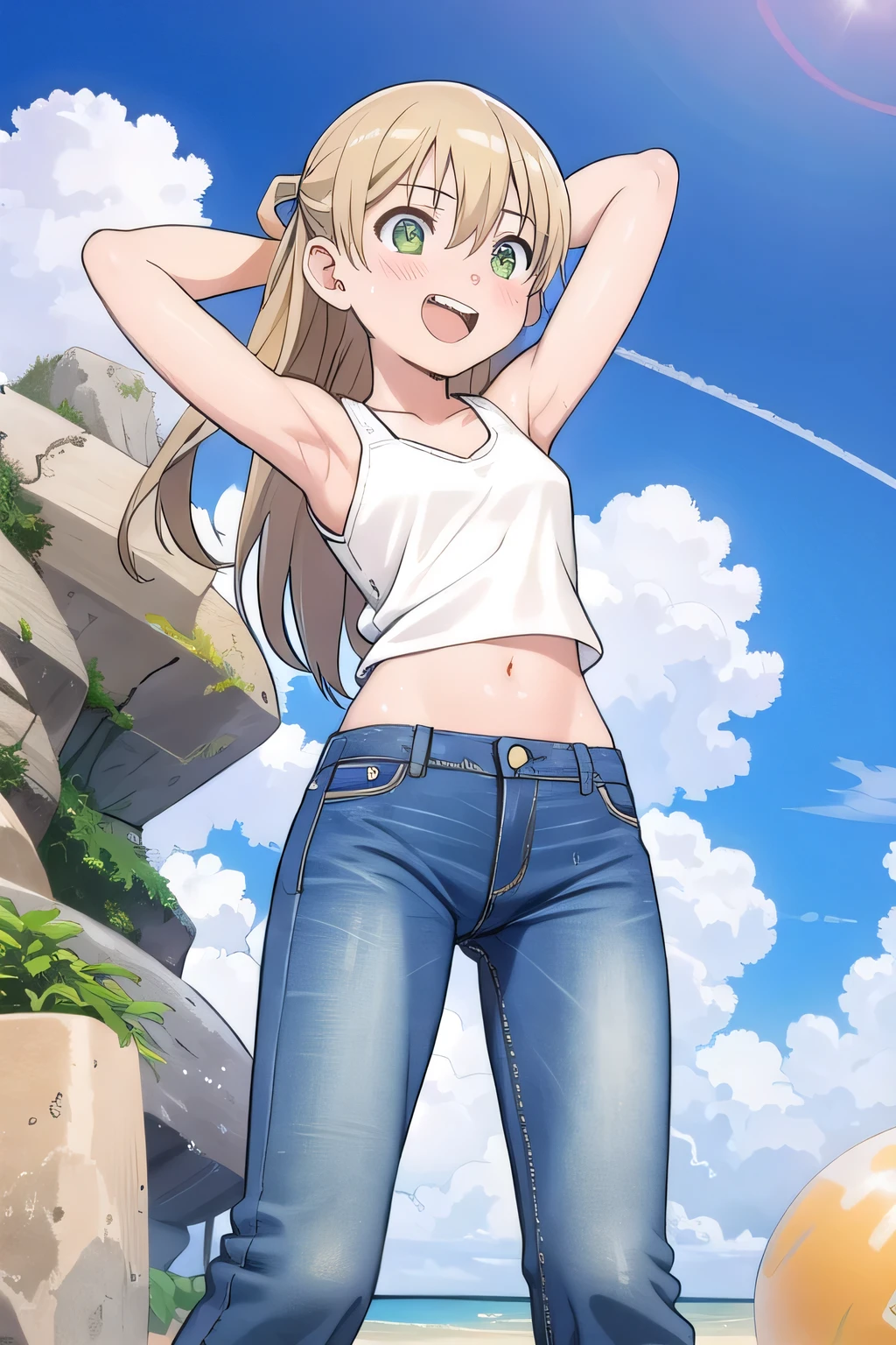 masterpiece,best quality,ultra detail, ((Perfect Face, Perfect Arms, Perfect hands, Perfect Fingers)), 1girl, , peti ((round face, ecstasy, orgasm face, drooping eyes, shame smiling, blush)), dropping eyes, sleepy, Open mouth, ((White teeth)), background((under the beach, (day:1.2), bright sky)), maka albarn, green eyes, blonde hair, long hair, ((arms behind head, hands behind head, fingers behind head)), ((contrapposto)), spread armpits, looking at viewer,, (white tank top:1.2), (white crop top:1.2), (jeans pants:1.2, flares jeans:1.2, skinny jeans:1.2, blue jeans:1.2), standing, (legs spread:1.4), sex pose, Sweaty crotch, Steam from the crotch, from below, whole body