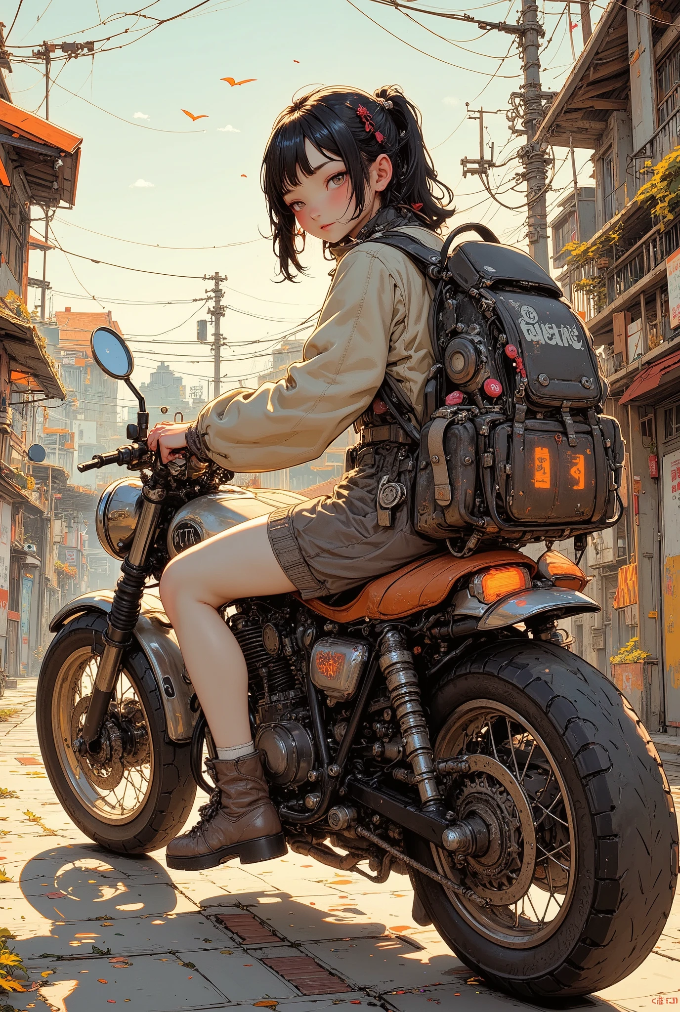 A girl straddling a motorcycle, looking back at me, smiling and waving, Street Corner in a Japanese Suburb, Motorcycle bed light clearly on morning glow, big backpack, Luxurious Fabrics, Details, full color illustrations, Fantastic painting atmosphere, ((anatomically accurate)), Japanese Streetscape in the 1980s, masterpiece, best quality, (High Definition, masterpiece, Accurate, top quality, High Definition model, high detail, (((The textures are soft))), ((matte and toy-like with a handmade premium look)), (((Tim Burton style))),