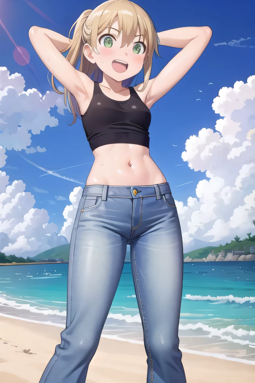 masterpiece,best quality,ultra detail, ((Perfect Face, Perfect Arms, Perfect hands, Perfect Fingers)), 1girl, , peti ((round face, ecstasy, orgasm face, drooping eyes, shame smiling, blush)), dropping eyes, sleepy, Open mouth, ((White teeth)), background((under the beach, (day:1.2), bright sky)), maka albarn, green eyes, blonde hair, long hair, ((arms behind head, hands behind head, fingers behind head)), ((contrapposto)), spread armpits, looking at viewer,, (white tank top:1.2), (white crop top:1.2), (jeans pants:1.2, flares jeans:1.2, skinny jeans:1.2, blue jeans:1.2), standing, (legs spread:1.4), sex pose, Sweaty crotch, Steam from the crotch, from below, whole body