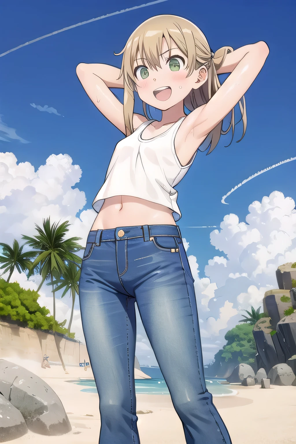 masterpiece,best quality,ultra detail, ((Perfect Face, Perfect Arms, Perfect hands, Perfect Fingers)), 1girl, , petite, ((round face, ecstasy, orgasm face, drooping eyes, shame smiling, blush)), dropping eyes, sleepy, Open mouth, ((White teeth)), background((under the beach, (day:1.2), bright sky)), maka albarn, green eyes, blonde hair, long hair, ((arms behind head, hands behind head, fingers behind head)), ((contrapposto)), spread armpits, looking at viewer,, (white tank top:1.2), (white crop top:1.2), (jeans pants:1.2, flares jeans:1.2, skinny jeans:1.2, blue jeans:1.2), standing, (legs spread:1.4), sex pose, Sweaty crotch, Steam from the crotch, from below, whole body