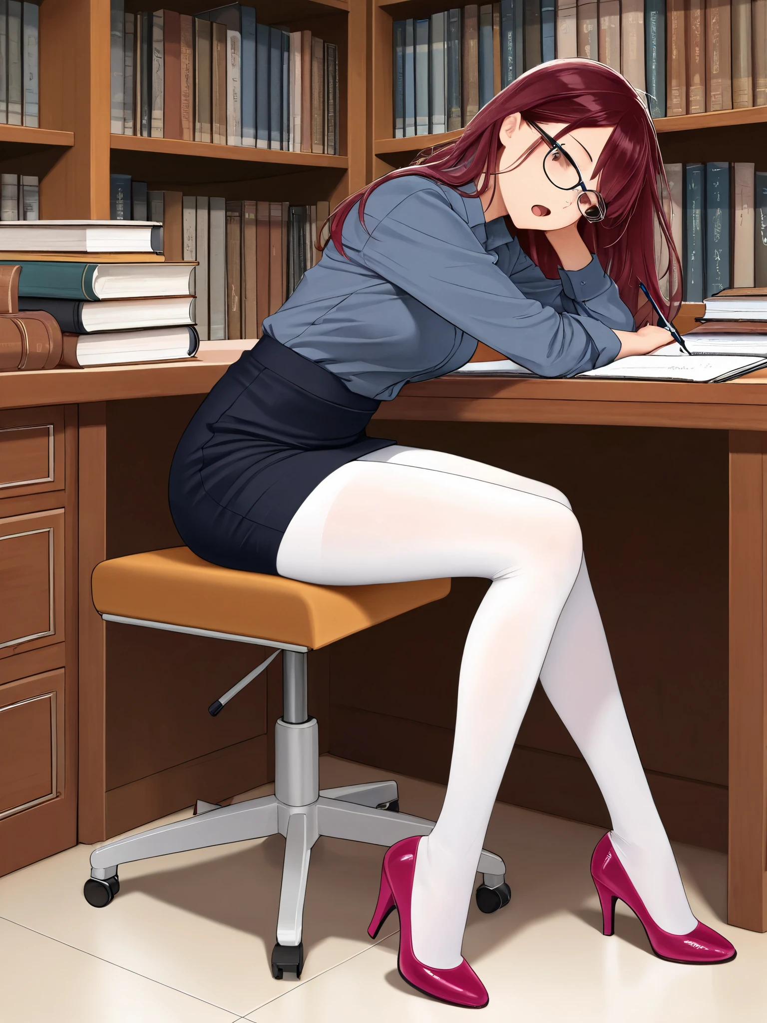 masterpiece, best quality, 1girl, {sleepy:3.0}, {white tights:4.0}, white legwear, open mouth, {eyes open:3.0}, pencil skirt, dress shirt, navy shirt, glasses, library, pen, reception desk, official art, dark red hair, long hair, leaning backwards, head tilt, high heels, saturated pink shoes, sitting, notebook