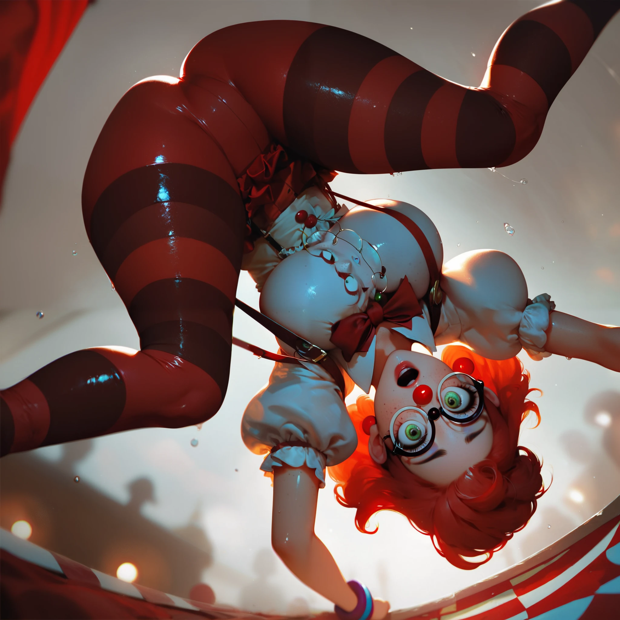 wide open eyes, open mouth, surprise fright, upside down, brown short jacket with rolled up sleeves, white blouse, suspenders, red striped leggings, red checkerboard skirt, wet skin, oily shiny skin, shiny skin, looking at viewer, big firm breasts, breast movement effect, big juicy hips, perfect waist, waist curve, circus, red curtain, arena, gymnast girl, short red hair, big round glasses, beautiful expressive green eyes, green eyes, makeup, freckles, bright lipstick, depth of field, blur, very high quality, masterpiece, compositing, cinematic anime style, dark atmosphere, perfect lighting,