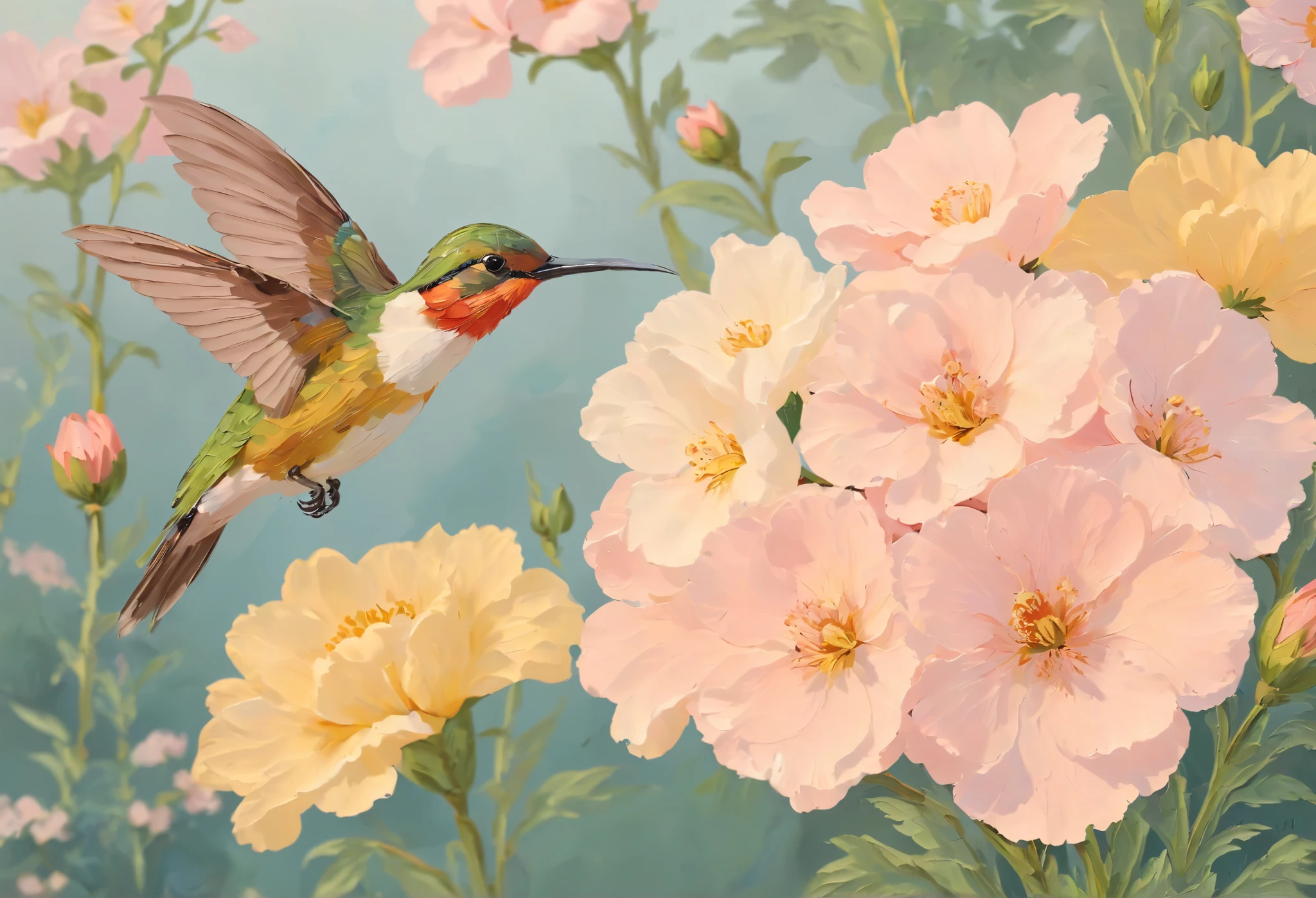 Oil painting thick paint texture,flower,bird