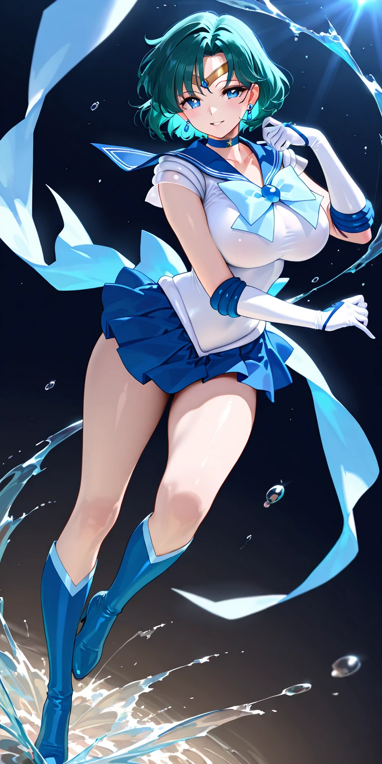 1 Girl, Chest, Gloves, Lips, Solo, Sailor Mercury, Blue Eyes, SM Uniform, mer1, Tiara, Sailor Senshi Uniform, (RAW photo, top quality), masterpiece, absurdity, sexy, floating short blue hair, blue sailor collar, bow, (blue knee boots: 1.1), choker, white gloves, blue choker, elbow gloves, jewelry, earrings, white leotardSole, Full body, blue hair, (perfect hands): 3.8, octane rendering, divinity of water, see-through, open legs