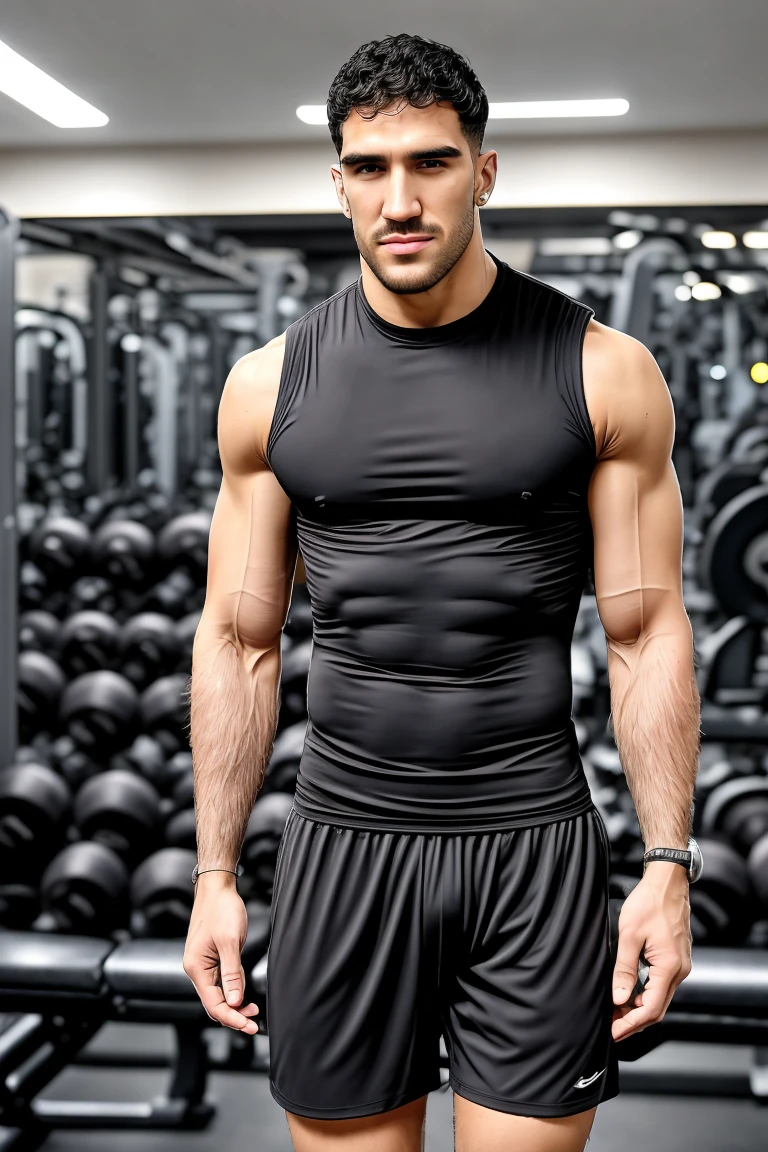 David, black glasses, buff, muscular, at the gym, wearing tank top, sweaty, black shorts,