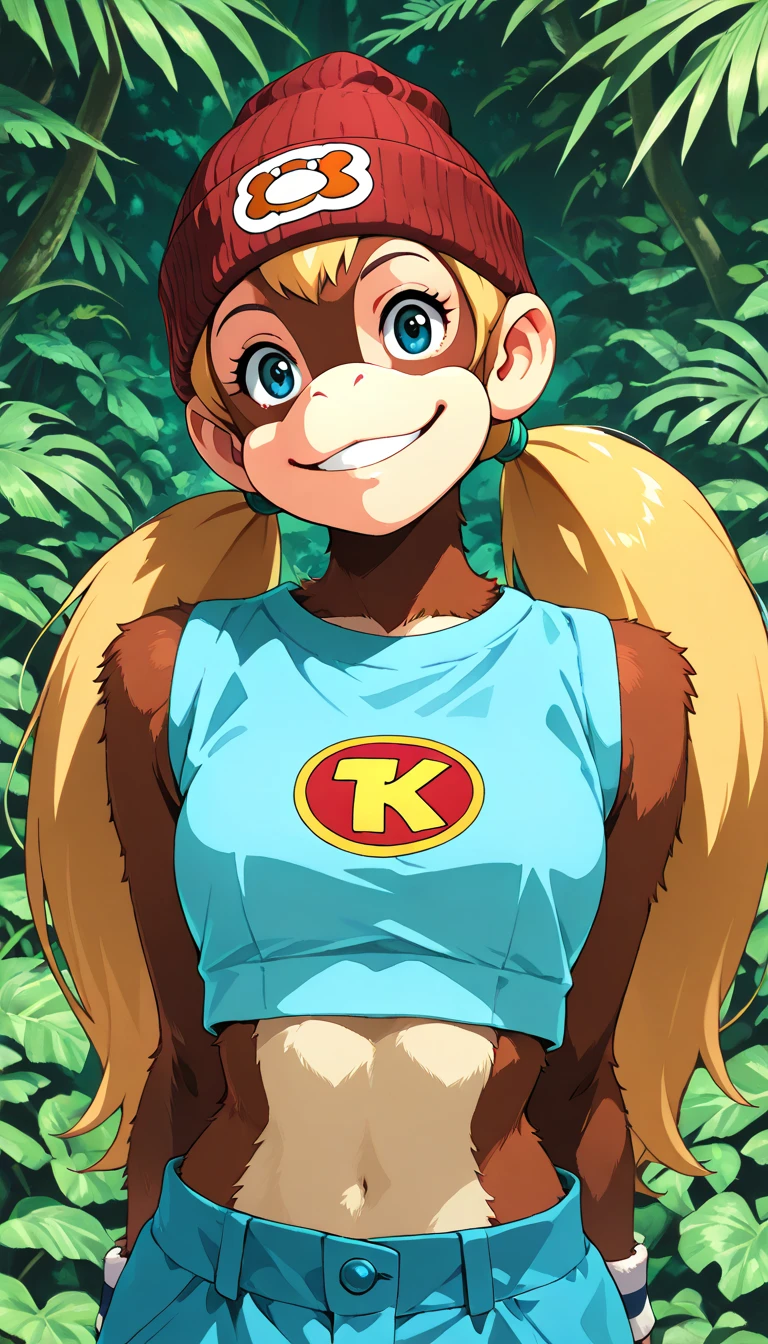 (female monkey, t_kong, Donkey Kong), (extremely detailed CG unit 8k wallpaper),(master part), (best quality), (ultra detail), (best illustration),(ghibli_style), cowboy shot, standing, sexy pose, facing viewer, looking at viewer, perfect face, perfect eyes, perfect fingers, (Sharp eyeliner, ombre, detailed eyes:1), traditional media, ghibli landscapes, outside, jungle, break , upper body, solo, smile, (beanie, blonde hair, twintails, blue eyes, crop top blue crop top, sleeveless, wristband, midriff, furry, brown fur, hands behind back, head tilt)