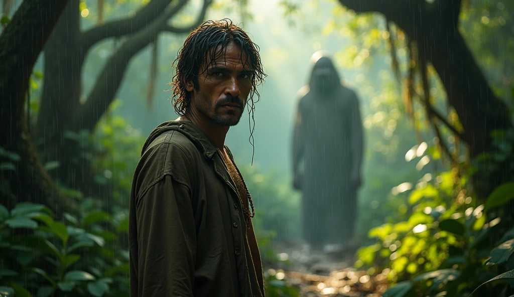 A tense scene in a misty jungle with towering ancient trees and thick green foliage. A weary man with unkempt hair and torn clothes stands in the foreground, rain pouring down his face. Behind him, a shadowy figure with hollow eyes and an unnatural posture emerges from the dense vegetation. The atmosphere is cinematic, with vibrant greens and golden sunlight filtering through the leaves, contrasting with the unsettling presence in the background. No weapons or violence, just suspense and mystery in a vivid jungle setting.