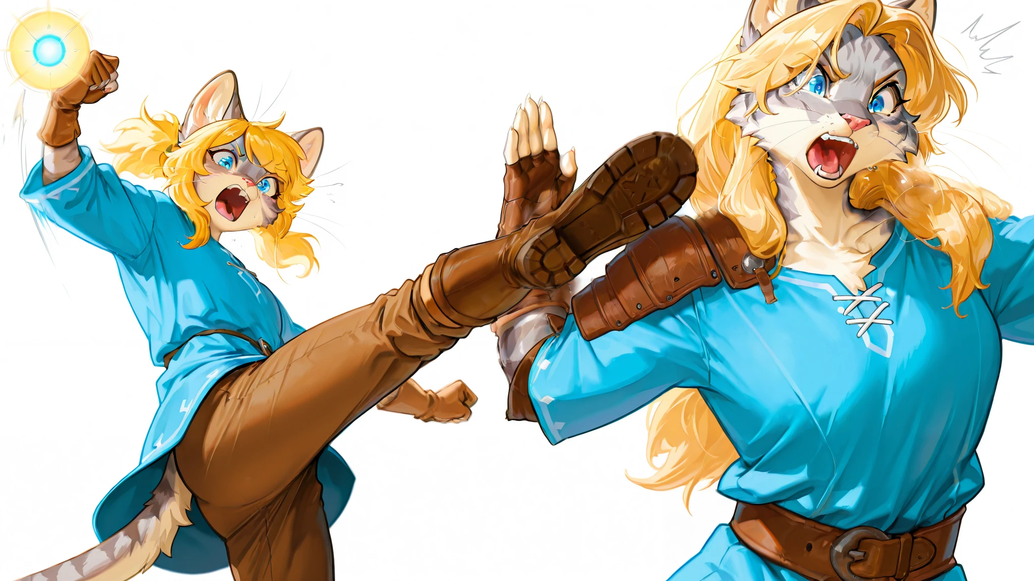 Masterpiece, best quality, absurd res, anthro, katXL, countershading, adult female, Anthro furry feline, blue eyes, grey striped fur, cheek fluff, blonde hair, long blonde hair, side locks, pink nose, whiskers, wearing blue tunic, brown fingerless arm length gloves, brown pants, brown boots, dynamic action, duo, she is kicking someone, the person she is kicking is blocking her kick with arm, yelling, white background