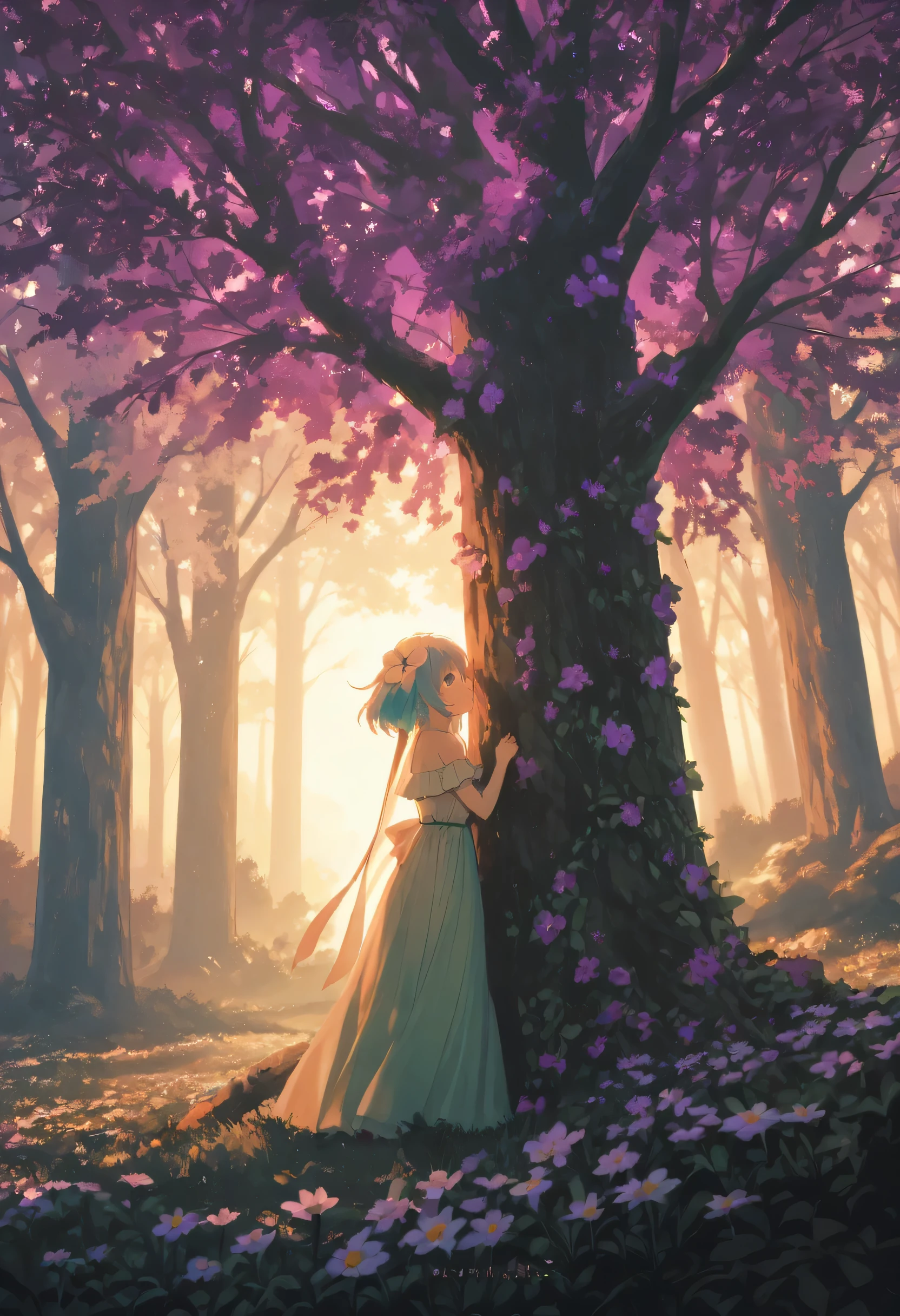 highdefinition images , Deep forest painting 、Flowers and blue trees 々A forest full of、 A mysterious forest where magical beings are hidden in the branches , 8k, ( High Quality Seven Colored Flowers ) a forest believed to be inhabited by fairies , soft sunrise over the Grand Canyon。