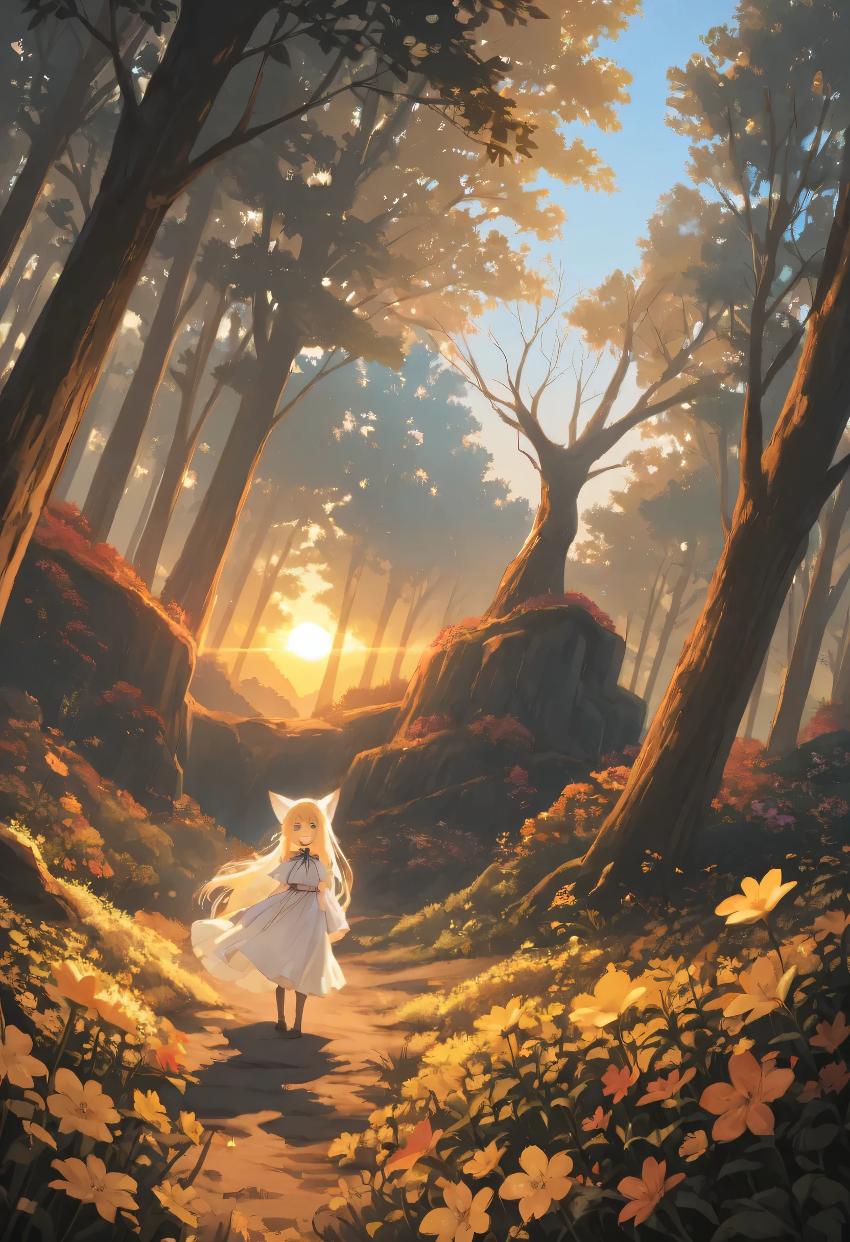 highdefinition images , Deep forest painting 、Flowers and blue trees 々A forest full of、 A mysterious forest where magical beings are hidden in the branches , 8k, ( High Quality Seven Colored Flowers ) a forest believed to be inhabited by fairies , soft sunrise over the Grand Canyon。