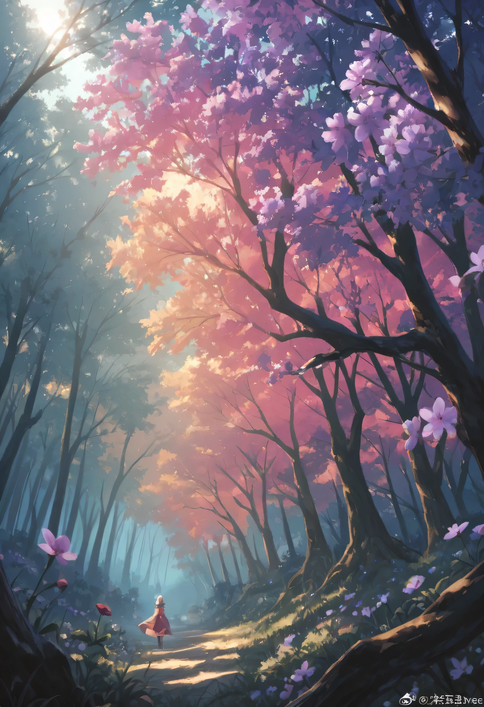 highdefinition images , Deep forest painting 、Flowers and blue trees 々A forest full of、 A mysterious forest where magical beings are hidden in the branches , 8k, ( High Quality Seven Colored Flowers ) a forest believed to be inhabited by fairies , soft sunrise over the Grand Canyon。