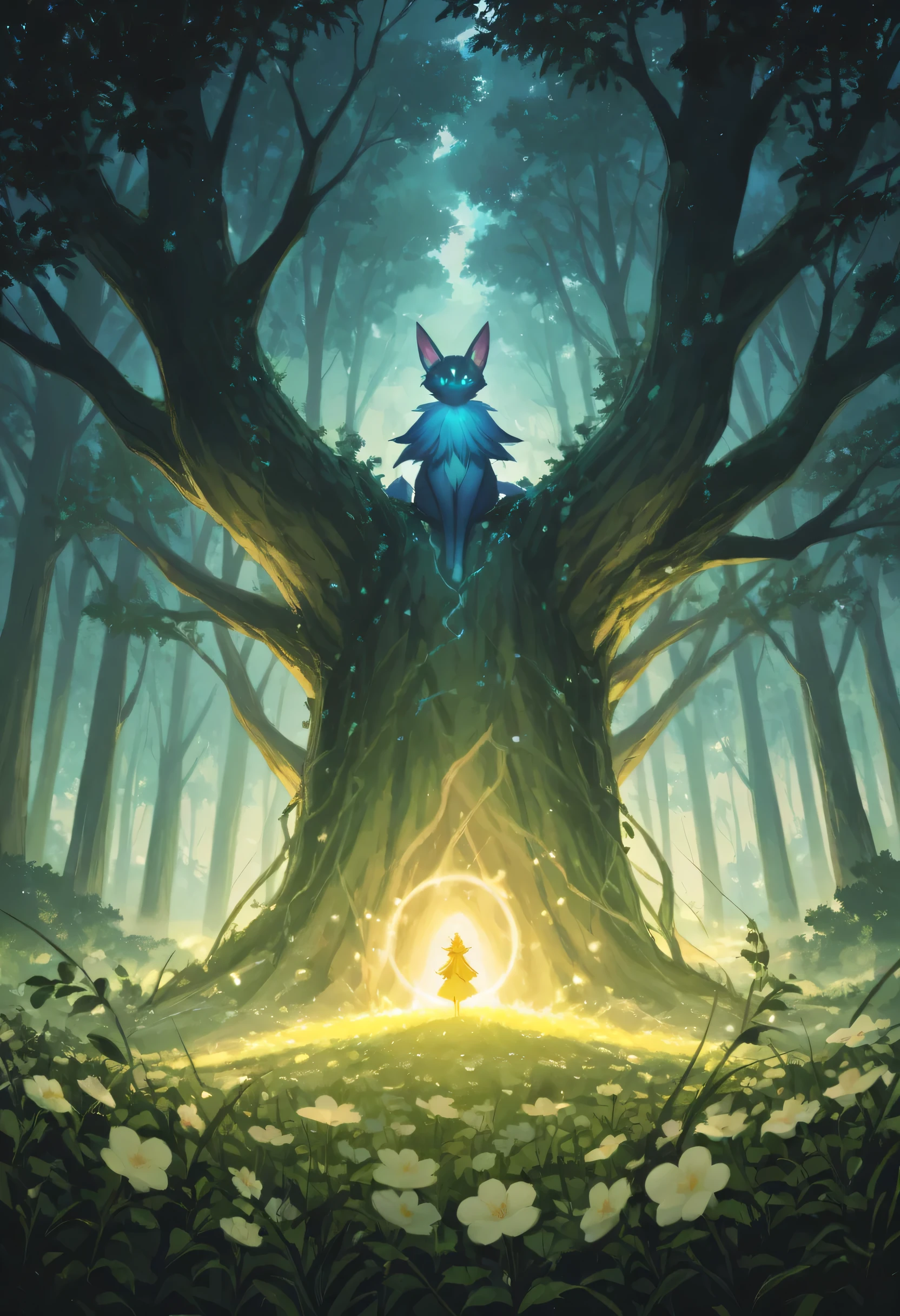 highdefinition images , Deep forest painting 、Flowers and blue trees 々A forest full of、 A mysterious forest where magical beings are hidden in the branches , 8k, ( High Quality Seven Colored Flowers ) a forest believed to be inhabited by fairies , soft sunrise over the Grand Canyon。