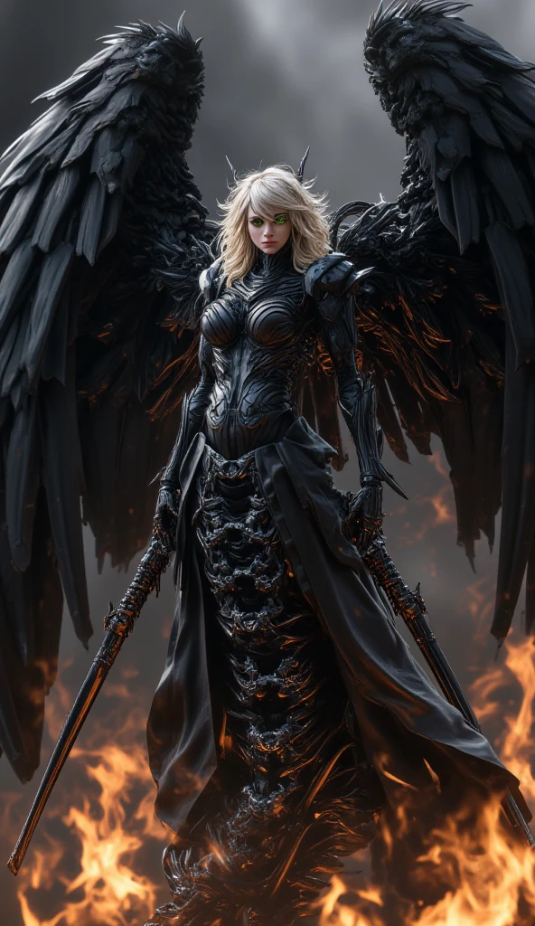 draw a white female mannequin with a sensual black valkyrie armor with red tones, a leather cape and a legendary sword with a red edge, the chest of the armor should be large and the hips wide, the boots should also be metallic, The armor reaches down to the thighs, it also features lace stockings, Maximum quality, Attention to details, ultrarealistic, HD, 8k
