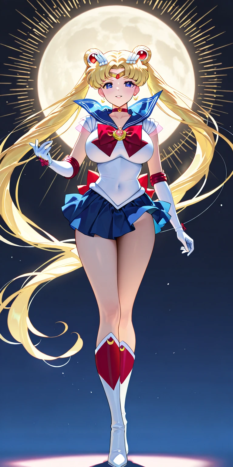 masterpiece, best quality, absurdres, perfect antomy, 1girl, solo, SMMoon, 1990s \(style\), blonde sailor moon, standing, smile, cowboy shot, sailor senshi uniform, sailor collar, blue skirt, elbow gloves, in back pose, show her booty, backwards, no thong big booty, ultra mini skirt ( BACK POSE, BACKWARD, SHOW HER BOOTY) ( FULL BODY)