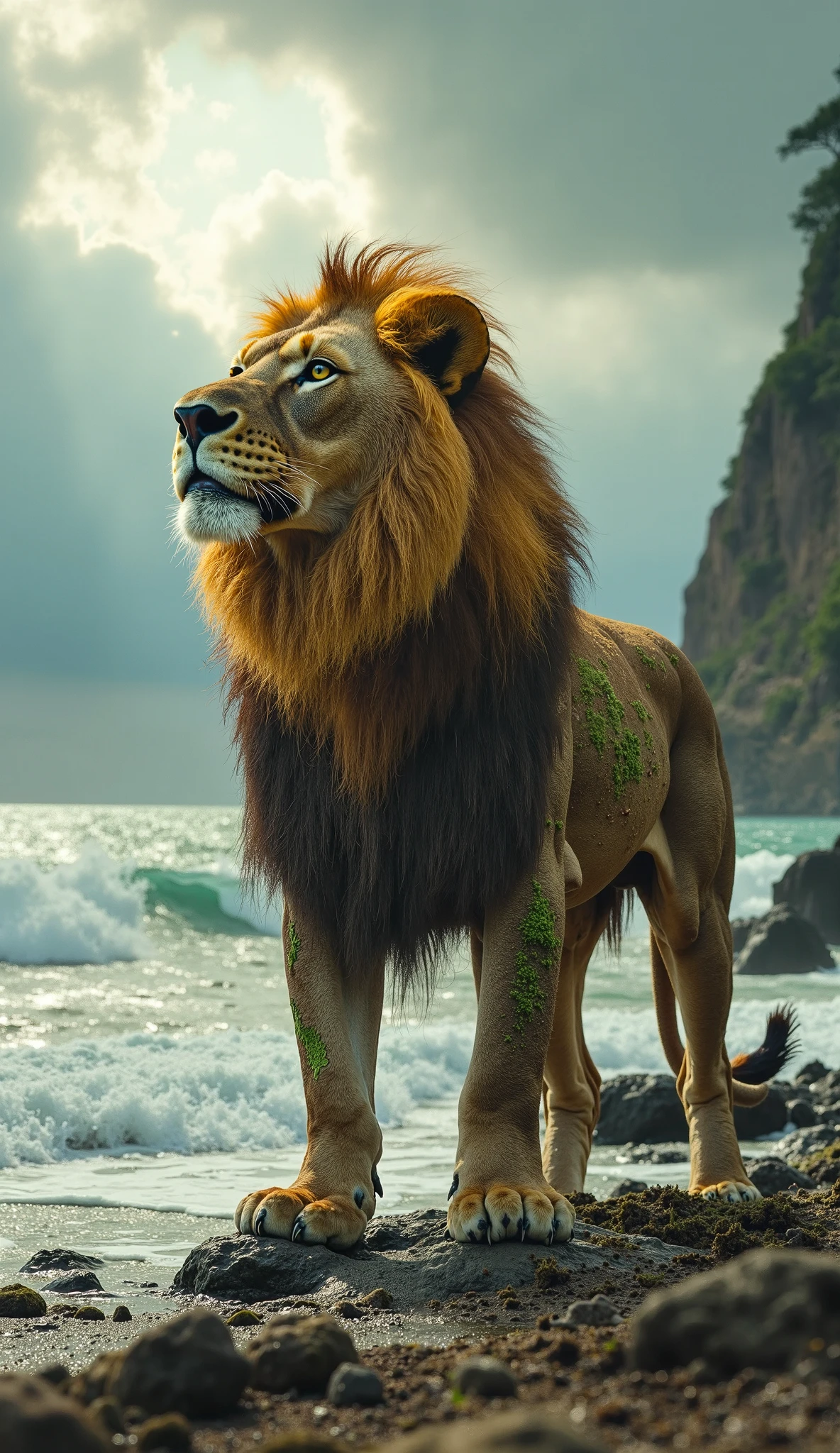 Mufasa, Lion king, brawny, sexly, Bathing in the river, thick roll, all over wet, face detailed, Rolls detailed, detailed ass,
