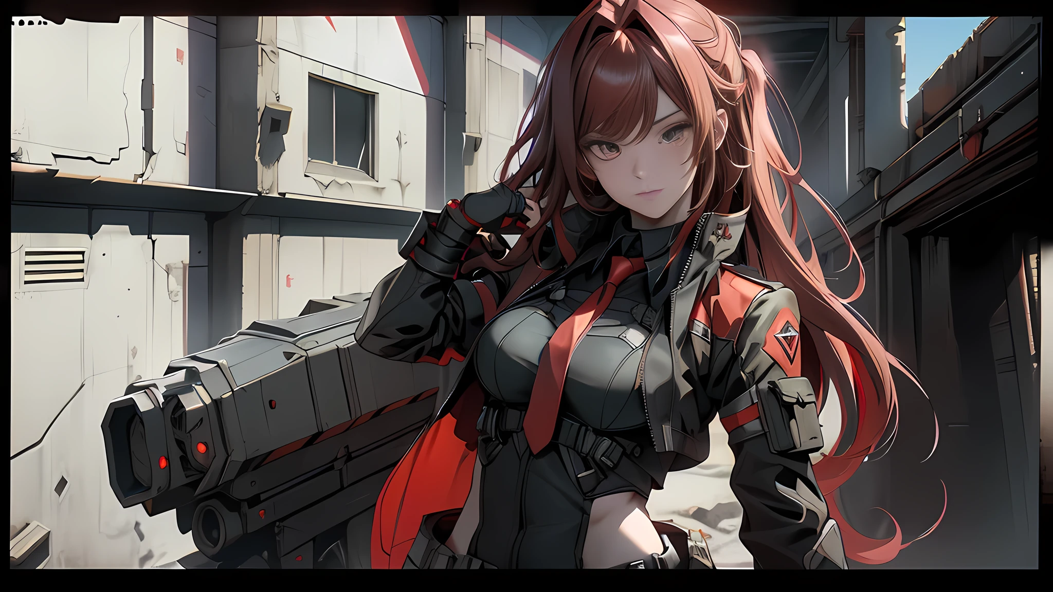 ((Best quality)), ((masterpiece)), (detailed:1.4), 3D, an image of a beautiful cyberpunk female, long burning red hair, burning hair, light brown eyes, red Barret, Black Soldier Shirt, Black under cloth, black panty, Grenade belt, Big chest, Big thigh, High thigh black knee sock, full view of girl, battlefield background, black combat boot, red necktie, black glove, black combat suit, black jacket, black cloak, black panty, ammo belt, HDR (High Dynamic Range),Ray Tracing,NVIDIA RTX,Super-Resolution,Unreal 5,Subsurface scattering,PBR Texturing,Post-processing,Anisotropic Filtering,Depth-of-field,Maximum clarity and sharpness,Multi-layered textures,Albedo and Specular maps,Surface shading,Accurate simulation of light-material interaction,Perfect proportions,Octane Render,Two-tone lighting,Wide aperture,Low ISO,White balance,Rule of thirds,8K RAW,