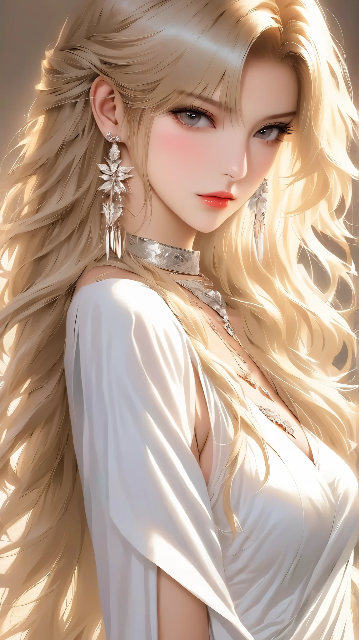 1girl, close-up shot, solo, long hair, blonde hair, revealing white, slit dress, looking at the viewer, bangs, upper body, earrings, from side, jewelry, closed mouth