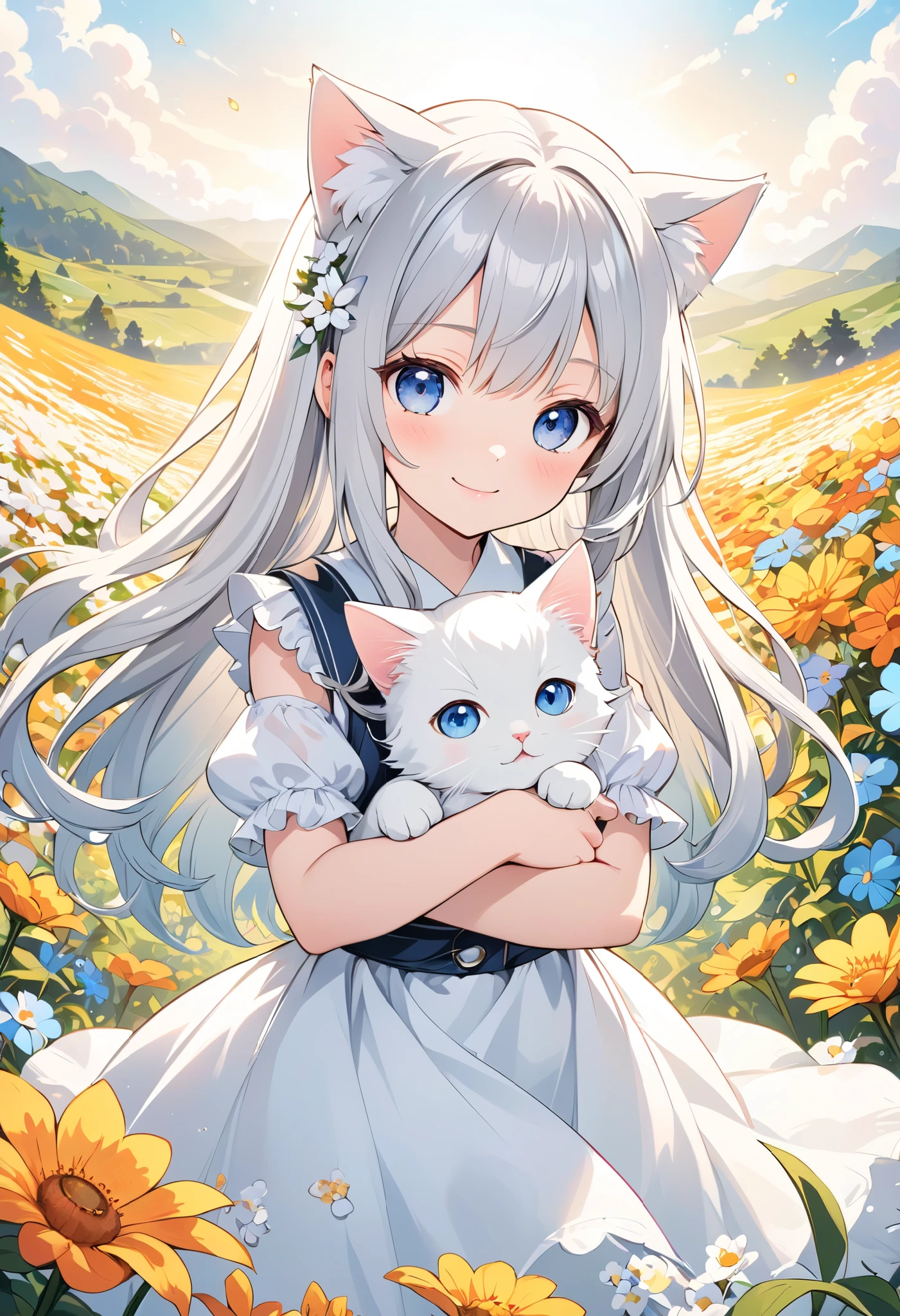 Anime girl with long hair holding a white cat in a field of flowers ...