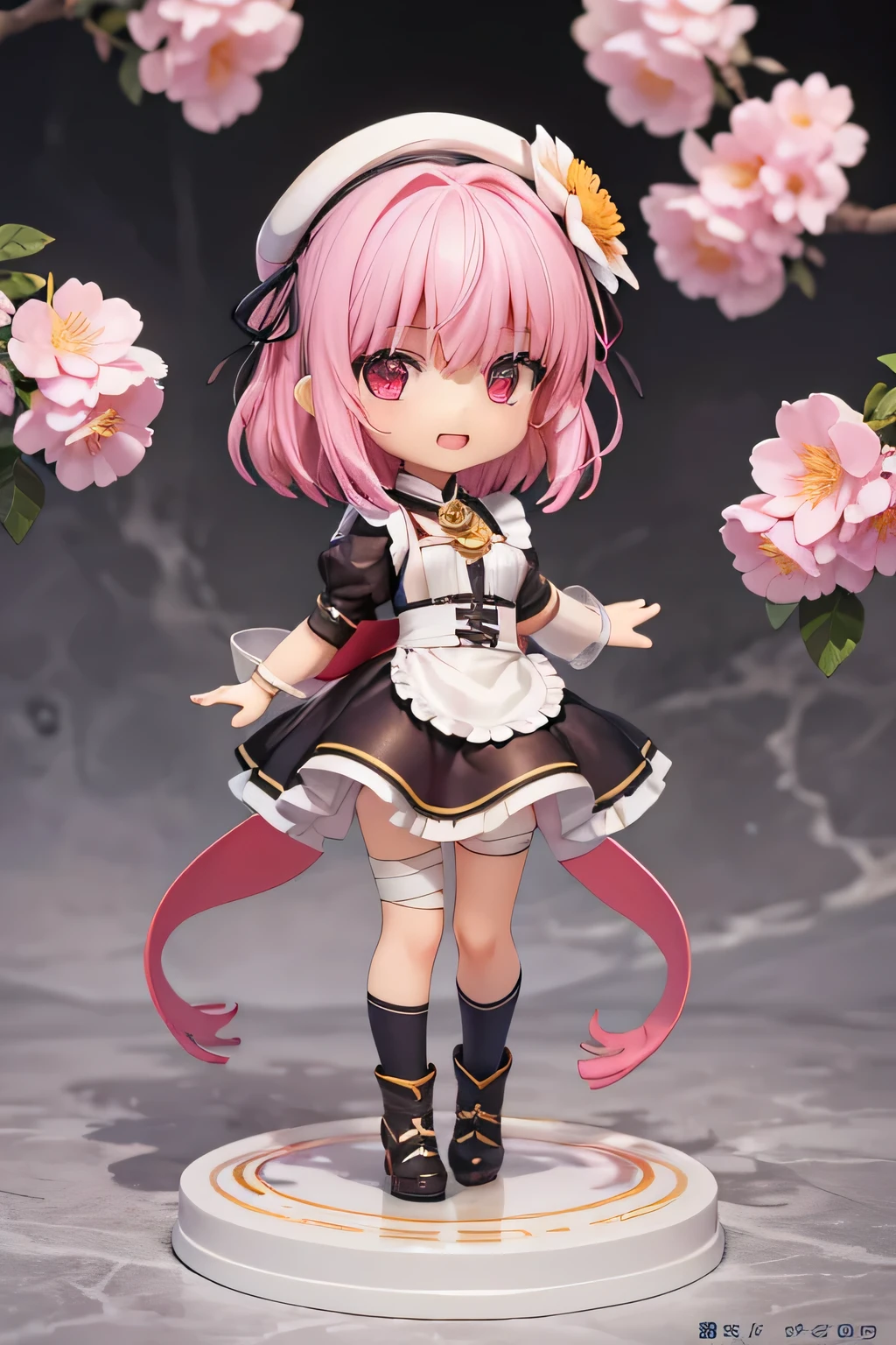 Maid girl without a cheerful headdress ( showing her teeth ),  of foot,  pink hair color, combat pose,  mmorpg background ,  mmorpg background (A stranger), complete anatomy,   graphic effects ,  ornament of an accessory shaped like a flower on the head, aura,  white beret, height 159 cm  ( 5 feet 3 inches ), hard fists ,  caste summoning circle ability Guillotine Fist((kanji)( ragnarok online ),  Blue Fire Force +vapor,  fire around, strong breeze ,  sakura petals and leaves, primera persona, blush, looking at the spectator, Charm, Pausa de toque ciego looking at the spectator, very detailed face, 8K, light and shadow effect.  masterpiece, bandages, fullbody, Chibi, , (change:1.2), Nendoroide, PVC models 