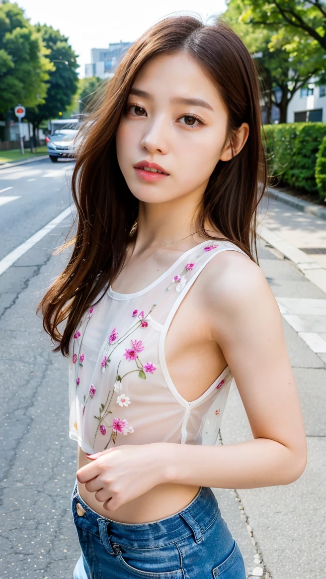 (Highest quality, 32k, High resolution, Masterpiece:1.5, ), marimo_jet, god々A photograph with brilliant dazzling and healing power., Evoking a sense of calm and elusive beauty, Expressing emotions, Have a rich imagination, The road to the horizon, Nostalgic scenery of youth, Beautiful Japanese Girls, An exceptionally beautiful face, Small Face Beauty, Perfect Human Anatomy, Magical big eyes, Motherhood and generosity, Deep Love, fleeting smile, ((Shiny brown hair:1.1)), ((A beautiful ponytail swaying in the wind)), Asymmetrical bangs, Hair between the eyes, Transparent, soft white skin, Sharp eyebrows, Thin lashes, Natural Makeup, Cheek highlighter, Pale pink detailed lips, (Floral Camisole:1.4), High resolutionの美しい太もも, Beautiful legs, ((Walking the coastal highway:1.2)), ((The road to the horizon路)), Beautifully detailed skies, ((Shining in the morning sunlight)), Professional photographer, Professional Lighting, Professional models, god秘的