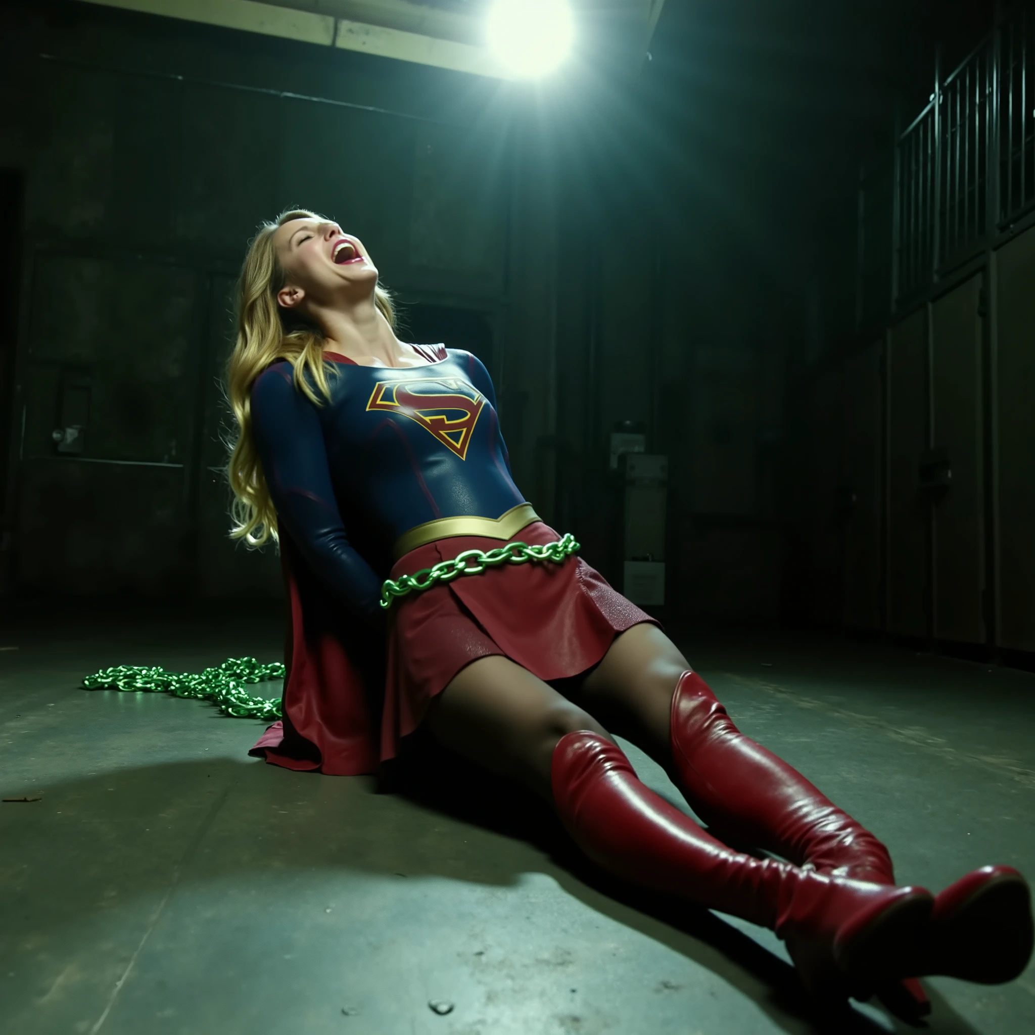 Melissa Benoist as Supergirl, the Supergirl lie flat on the ground, her hands is handcuffed behind her back with chain, a green lighting chain around her neck, She is wearing a Supergirl costume with red skirt, pantyhose and red knee height boots, she is screaming in pain, bright spotlight focus to her body, in the jail,
