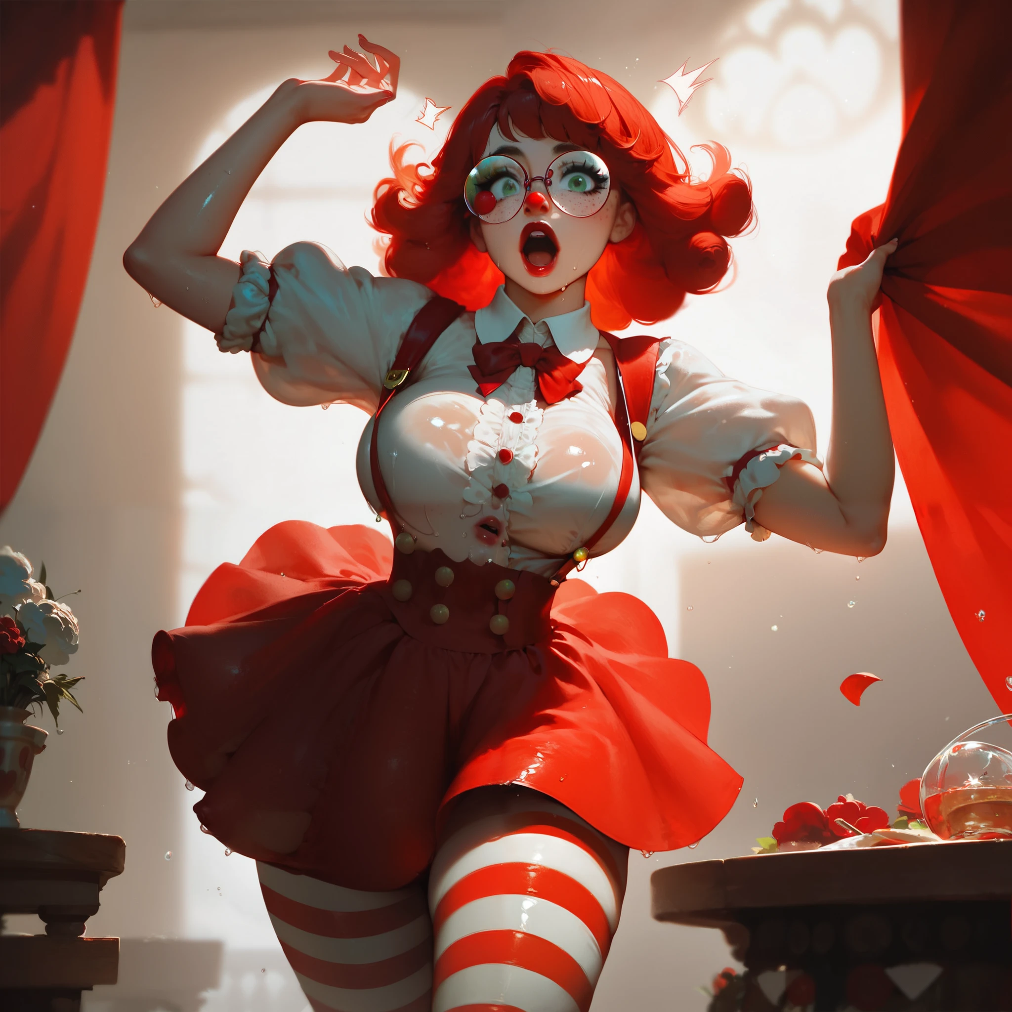 posing standing, eyes wide open, mouth open, surprise fright, girl, solo, brown short jacket with rolled up sleeves, white blouse, suspenders, red striped leggings, red checkerboard skirt, wet skin, oily shiny skin, shiny skin, looking at viewer, big firm breasts, breast movement effect, dynamic body effects, big juicy hips, perfect waist, waist curve, circus, circus performance, red curtain, arena, gymnast girl, short red hair, big round glasses, beautiful expressive green eyes, green eyes, makeup, freckles, bright lipstick, depth of field, blur, very high quality, masterpiece, compositing, reflexive perspective, recursive storytelling, cinematic anime style, dark atmosphere, perfect lighting,