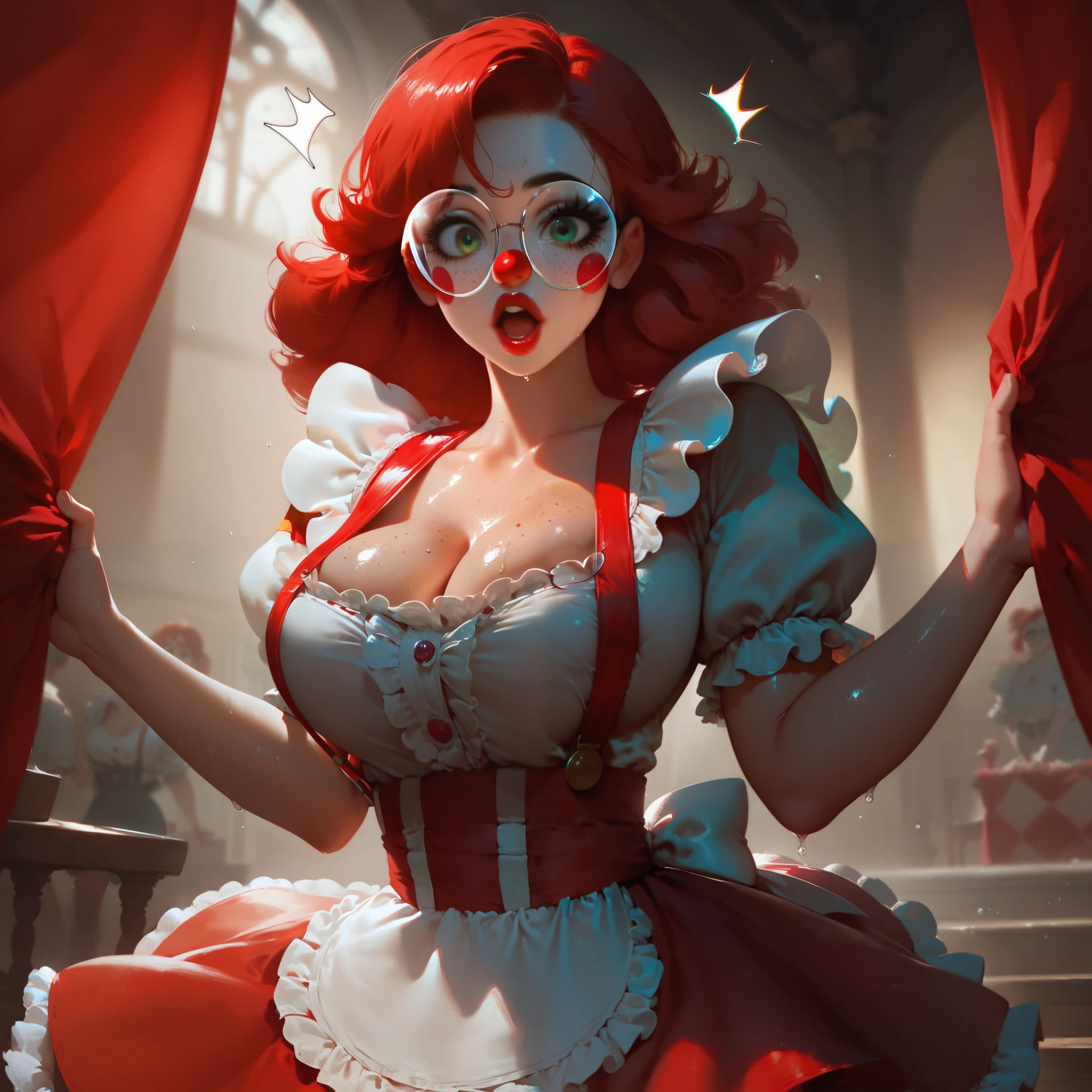 Baroness,brown hair,yellow eyes, solo, standing, cowboyshot,  smile,  skinny, 
Vonbonbon, white elbow gloves, ice cream cone hat,red striped dress. cleavage, thighhighs, 
candy land, cake castle, 
(insanely detailed, beautiful detailed face,  masterpiece, beautiful detailed  eyes, best quality) 
 <lora:Baroness_von_bon_bon-10:0.9>