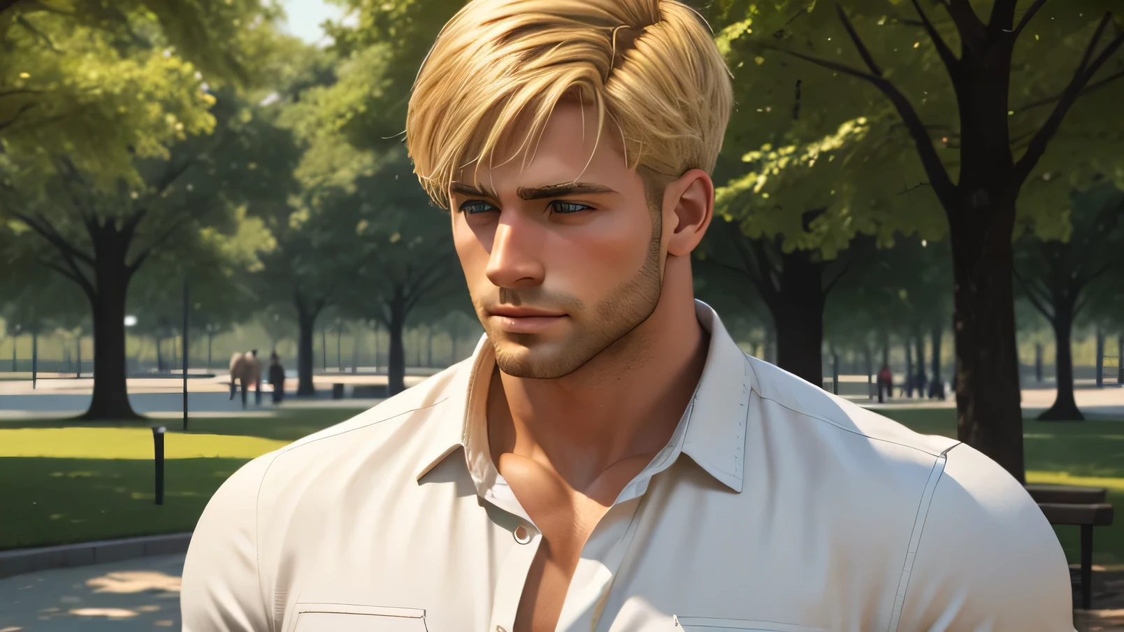American male, park, blonde hair, short hair, white shirt, stubble, upper body, best quality, ultra-realistic,