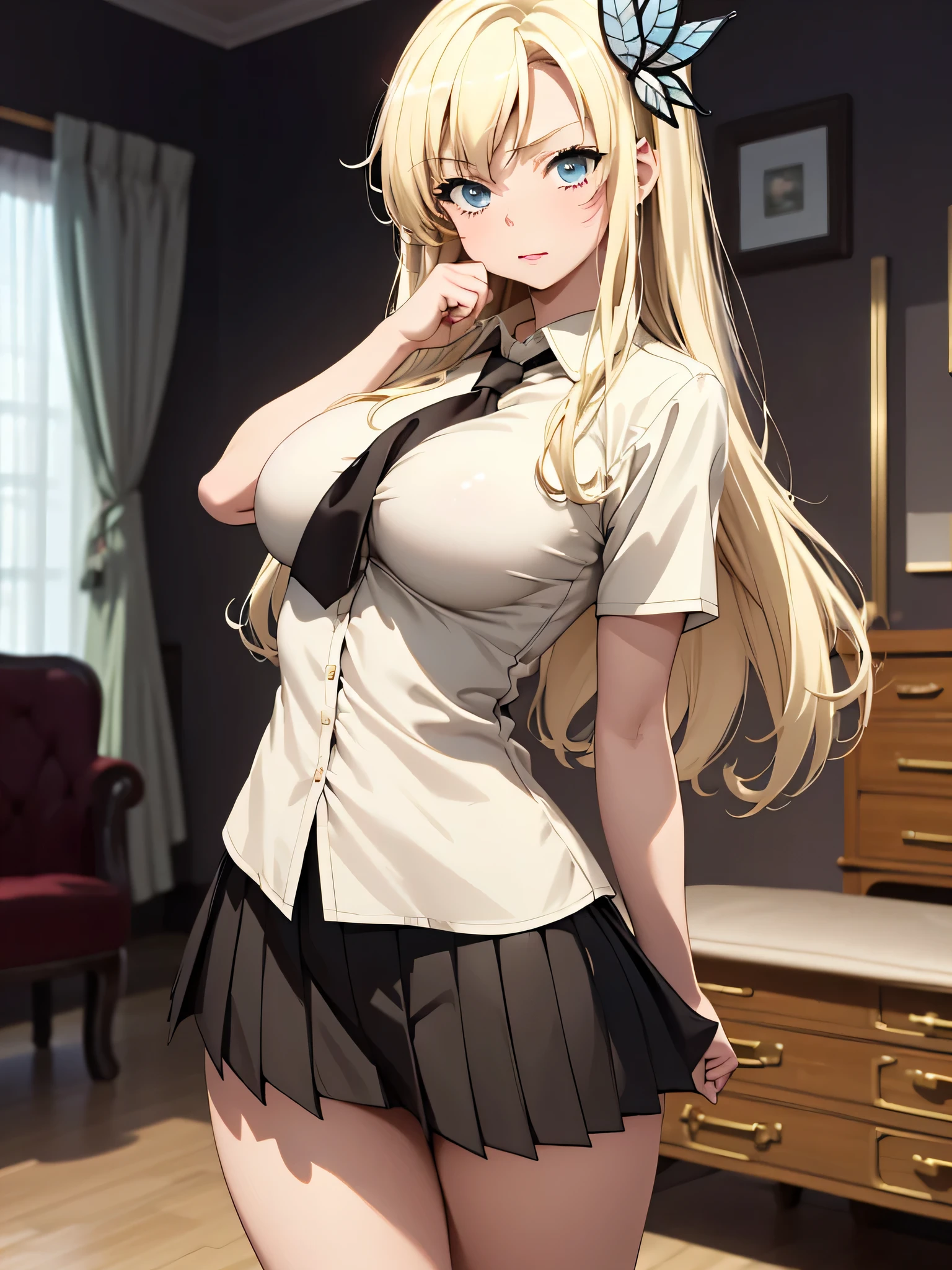 (solo girl),((optimal quality)), ((Masterpiece)), (A detailed: 1.4),face red,perspire The ultimate masterpiece,(fidelity:1.2),(cute),(big chest), cute pose, (Smooth: 1.1), (Cutes: 0.9), (shiny: 1.1),, red lips, cute girl, anime, (big breast), big ass, detailed lines, 8k image, no blur, perfect, a little erotic, hottest girl in the world, dominant gestures, tights, , cutest girl on earth, most beautiful girl on earth, white skin, slim waist, (((wearing a erotic schoolgirl uniform , not naked ))), not naked, (((confidence face gestures))), not looking to the viewer, looking all the way up, blonde hair, sweaty, wallpaper Quality, blue eyes, open field backgroud, fight pose, cleavage, photo taken from above