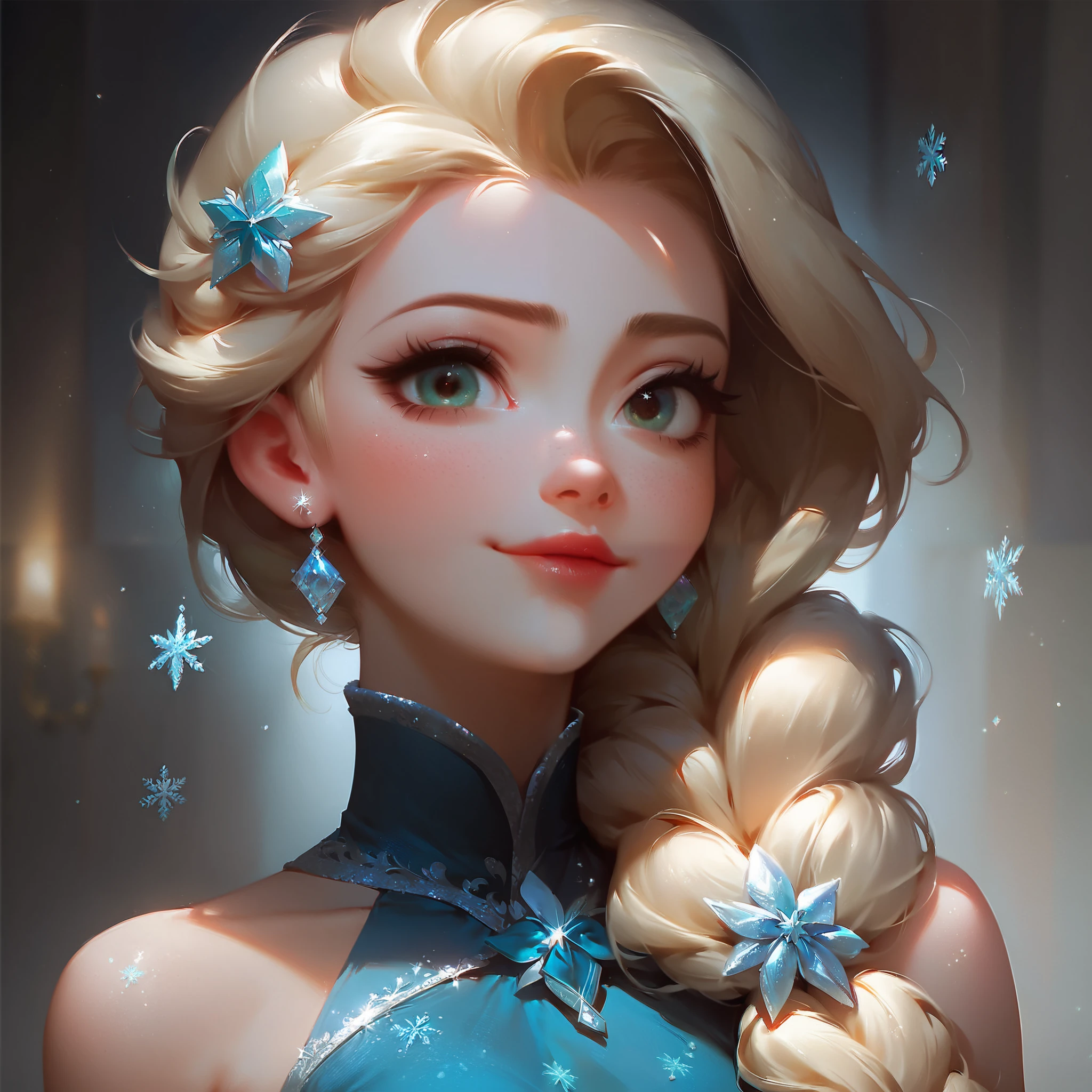 A digital illustration shoot from a portrait camera angle about a stylized portrait of a young woman with long blonde hair styled in a braid, wearing a sparkling blue dress. the image also shows a softly lit room with blurred lights and snowflakes in the background, creating a dreamy atmosphere. on the middle of the image, a 20-year-old light-skinned female, who appears to be elsa from frozen, is facing the viewer with a neutral expression, looking slightly to the side with her large, expressive green eyes. she has a slim body and is wearing a strapless blue dress with a sparkly, shimmering fabric that catches the light. her long, braided blonde hair falls over her shoulder, and her brown eyes are looking directly at the viewer. her lips are closed, and she has freckles on her cheeks. she is wearing no shoes, but her upper body is out of frame.