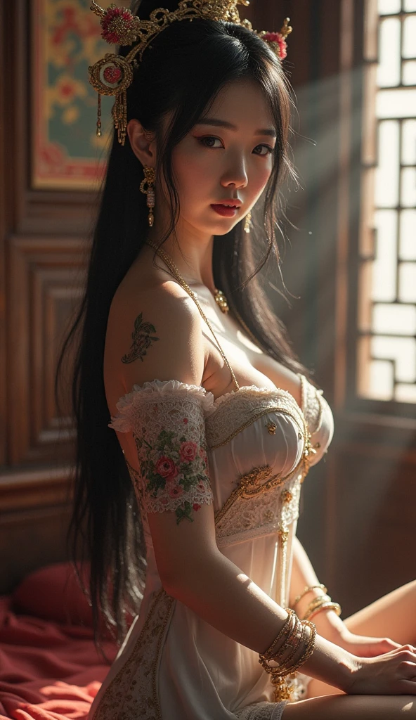 An ancient Chinese beauty, charming temperament, flowing long skirt, clear face, beautiful eyes, osmanthus surrounding, perfect body structure proportional masterpiece, super detailed, epic composition, color tattoo art, new traditional tattoo art, SD tattoo design, color tattoo art, mysterious warm and friendly atmosphere, hyper-realistic painting, super HD, high quality, highest quality, 32k --v 6