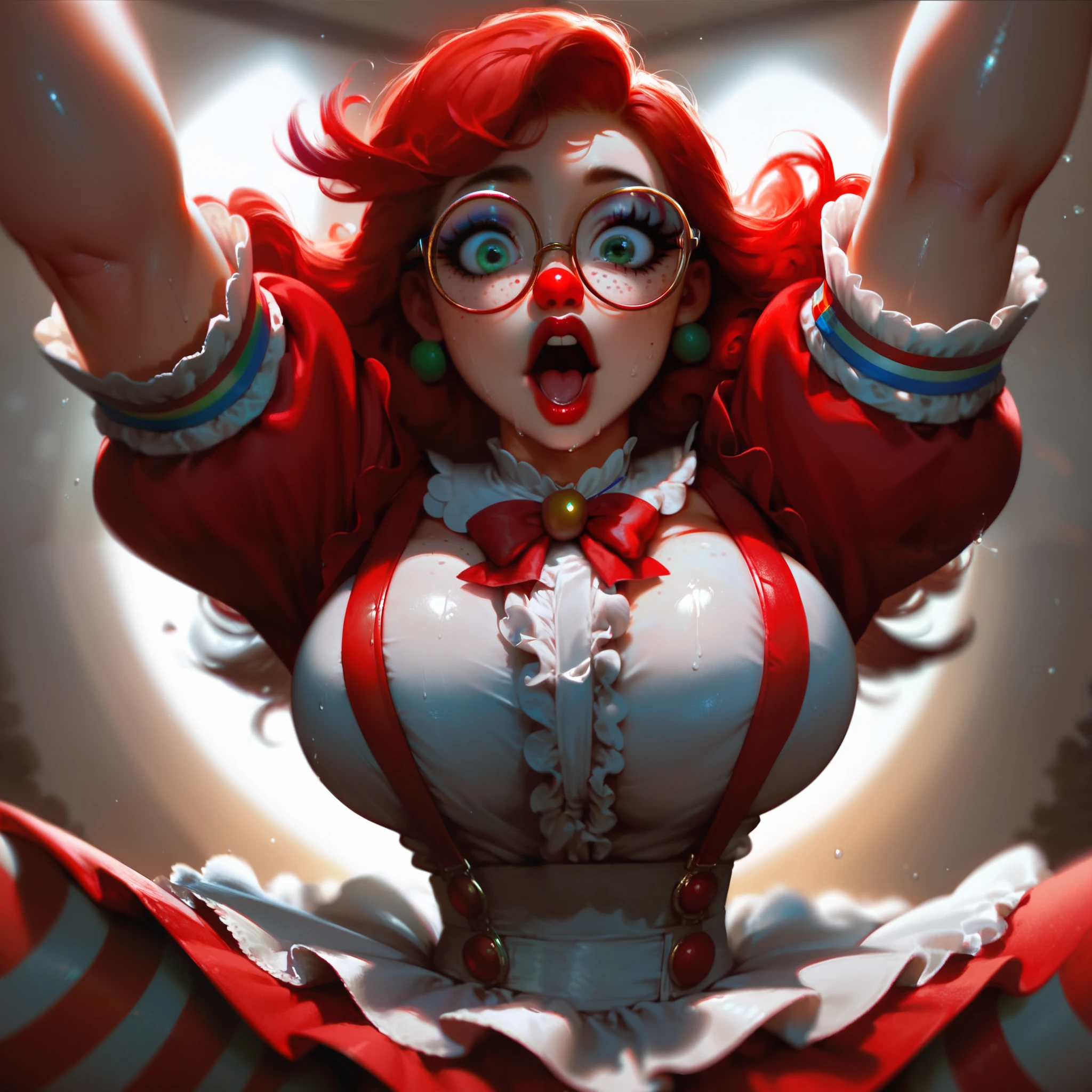 masterpiece, best quality, illustration, 1girl, solo, standing, circus , gynoid, robot, holding hand on table, large woman, red dress, red hair, makeup, twintails, clown, white skin, glowing eyes, Green eyes, Green iris, black pupila, white sclera, robot, small breasts, wide hips, thick thighs, looking back, seductive smile, smug, window, Sun, bedroom background, purple background, red panties, big ass,, back view