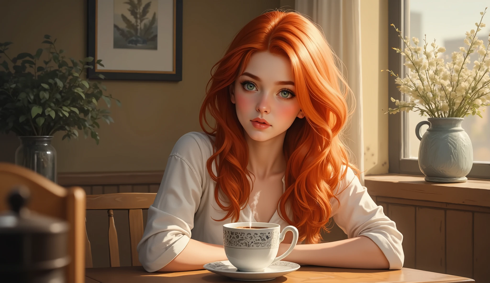 A girl with long red hair, blue eyes, sitting at a table, drinking coffee.