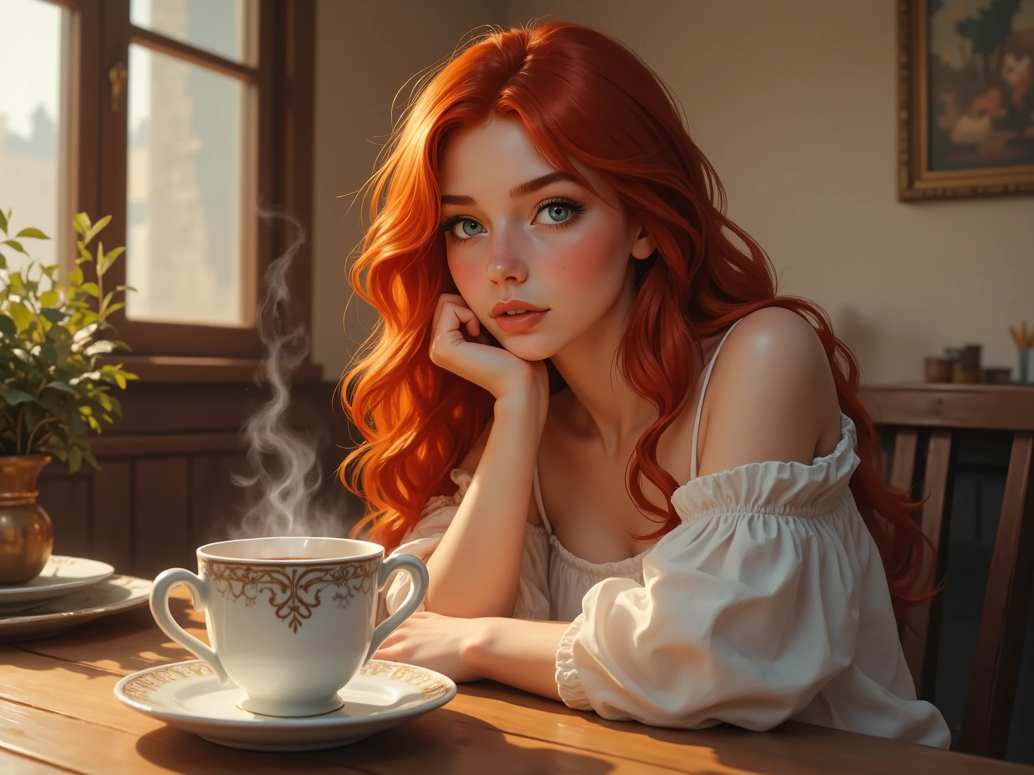 A girl with long red hair, blue eyes, sitting at a table, drinking coffee.