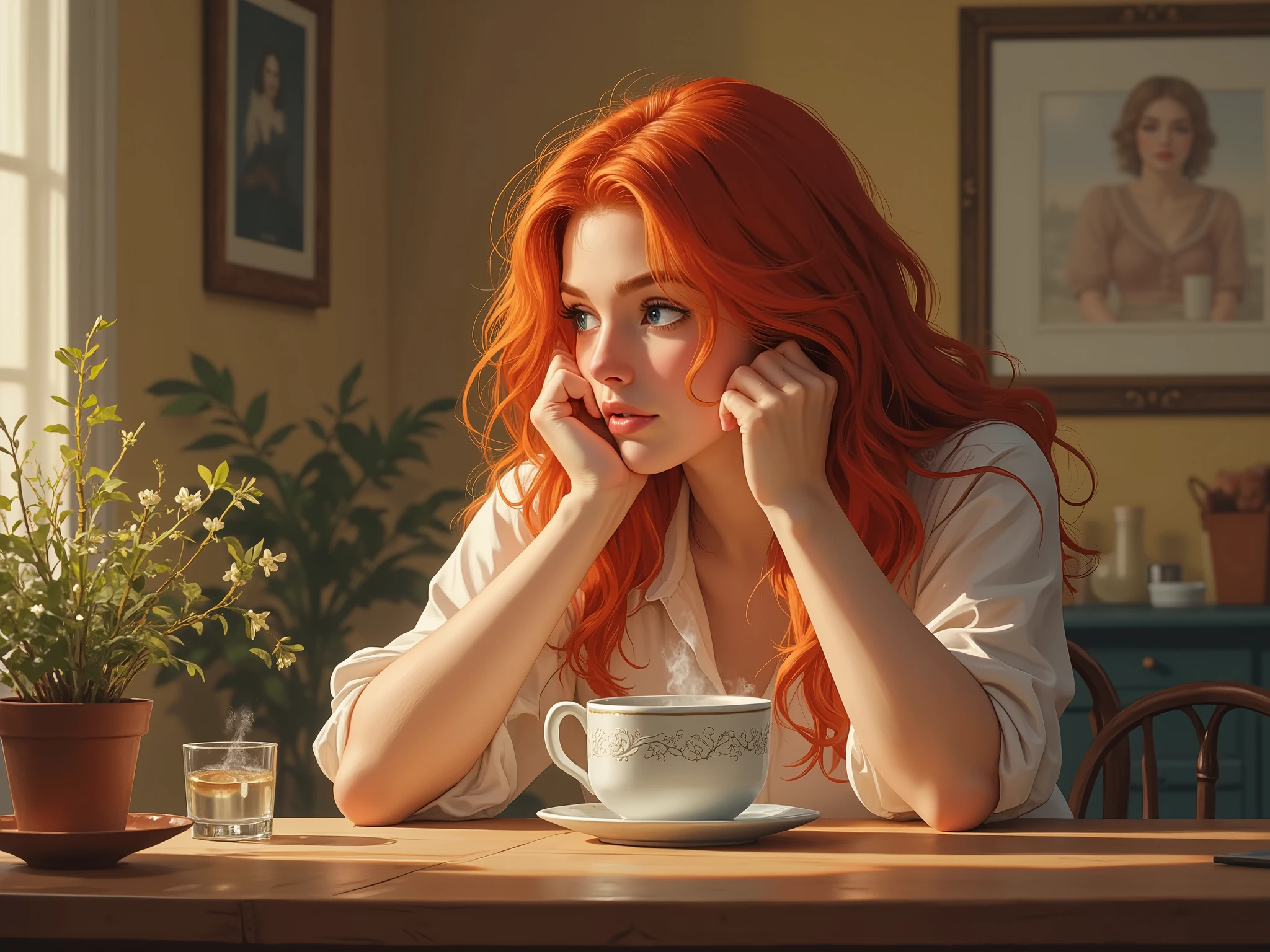 A girl with long red hair, blue eyes, sitting at a table, drinking coffee.