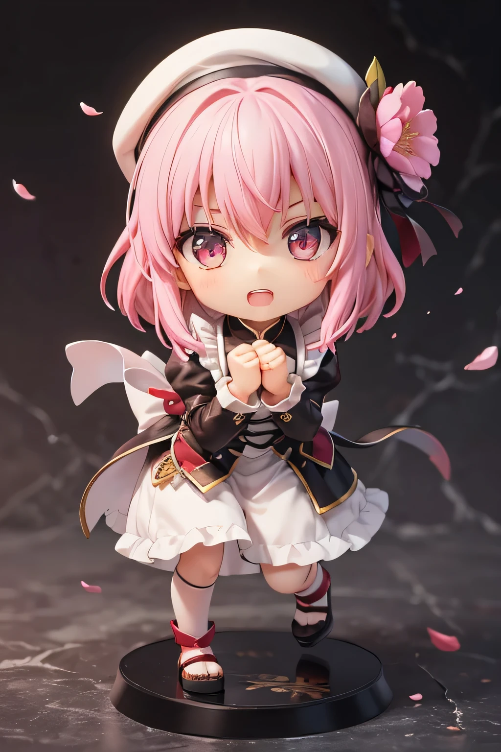 Maid girl without a cheerful headdress ( showing her teeth ), of foot, pink hair color, combat pose, mmorpg background , mmorpg background (A stranger), complete anatomy, graphic effects , ornament of an accessory shaped like a flower on the head, aura, white beret, height 159 cm ( 5 feet 3 inches ), hard fists , caste summoning circle ability Guillotine Fist((kanji)( ragnarok online ), Blue Fire Force +vapor, fire around, strong breeze , sakura petals and leaves, primera persona, blush, looking at the spectator, Charm, Pausa de toque ciego looking at the spectator, very detailed face, 8K, light and shadow effect. masterpiece, bandages, fullbody, Chibi, , (change:1.2), Nendoroide, PVC models