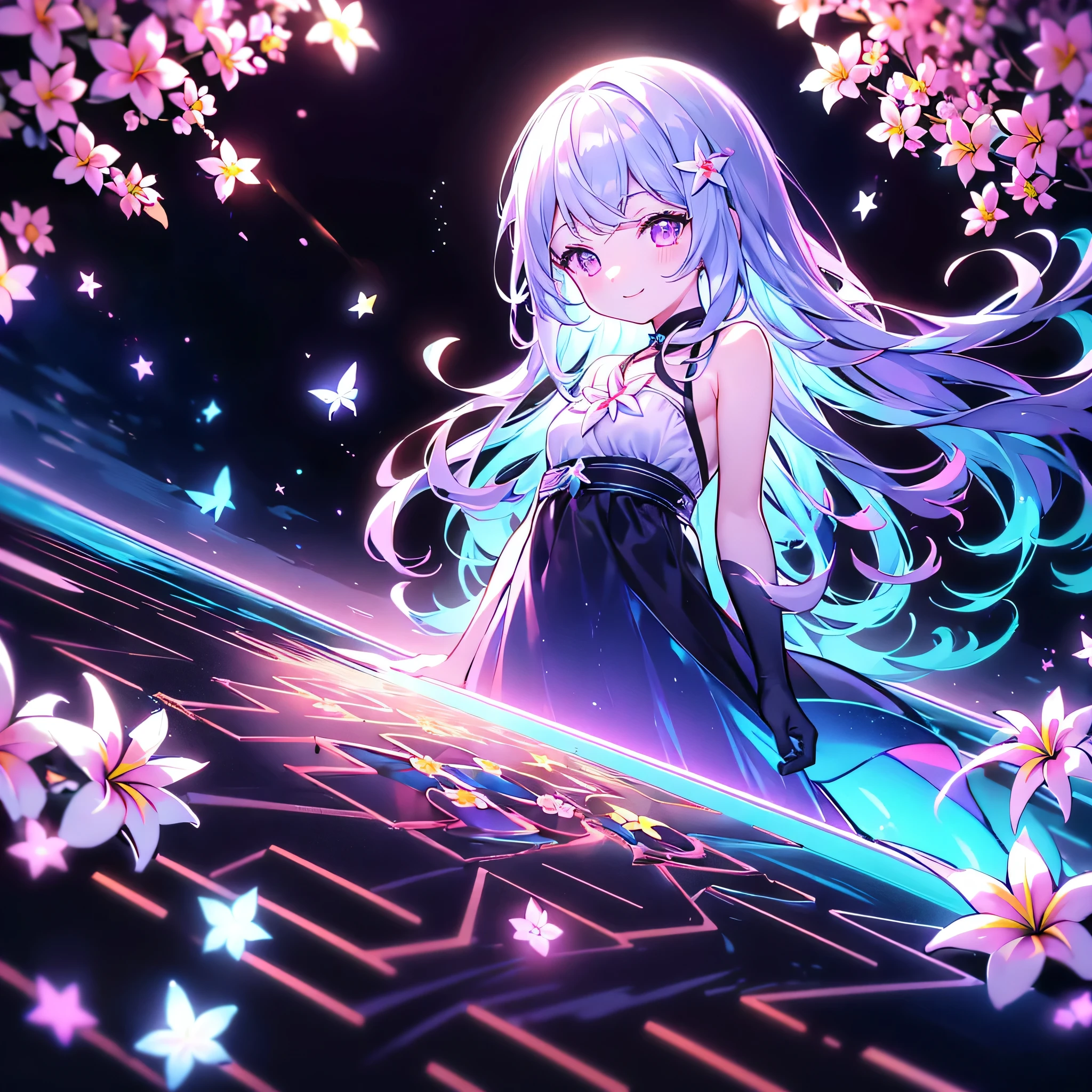 best details、top quality、Greatest Masterpiece、 super detailed、 High precision、 masterpiece、smile、 anime girl with long white hair,Dark seven-color hair、可愛い anime girl with long white hair、smile、((Plumeria))、many chrysanthemum、 Fractal Art、Gwaiz 、 pool、garden、Flower garden、Hologram Butterflies ,Black Light、 Neon Color Palette 、 milky white and blue gradation hair color、Neon color lighting 、流Star群、Star、Starのチャーム、 shortcut hair、