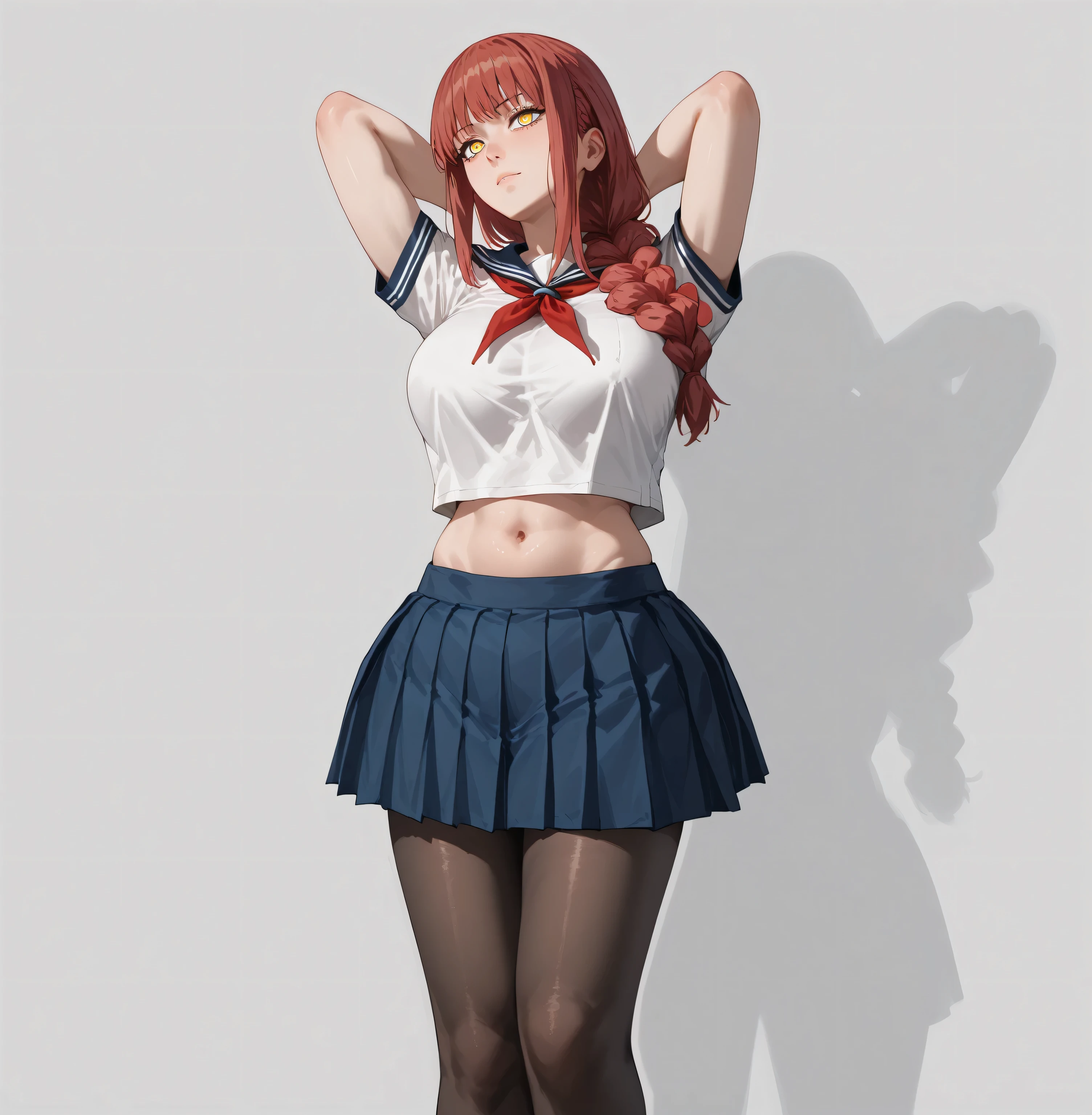 Makima, 1girl, solo, long hair, breasts, bangs, large breasts,yellow eyes, braid, sidelocks, red hair, braided ponytail, ringed eyes, breasts, 1girl, solo, skirt, pantyhose, long_hair, school_uniform, brown_hair, navel, blue_skirt, breasts, midriff, pleated_skirt, serafuku, neckerchief, red_neckerchief, shirt, crop_top, short_sleeves, black_pantyhose, arms_behind_head, large_breasts, white_shirt, brown_eyes, arms_up, looking_to_the_side, standing, sailor_collar, grey_background, parted_bangs, simple_background