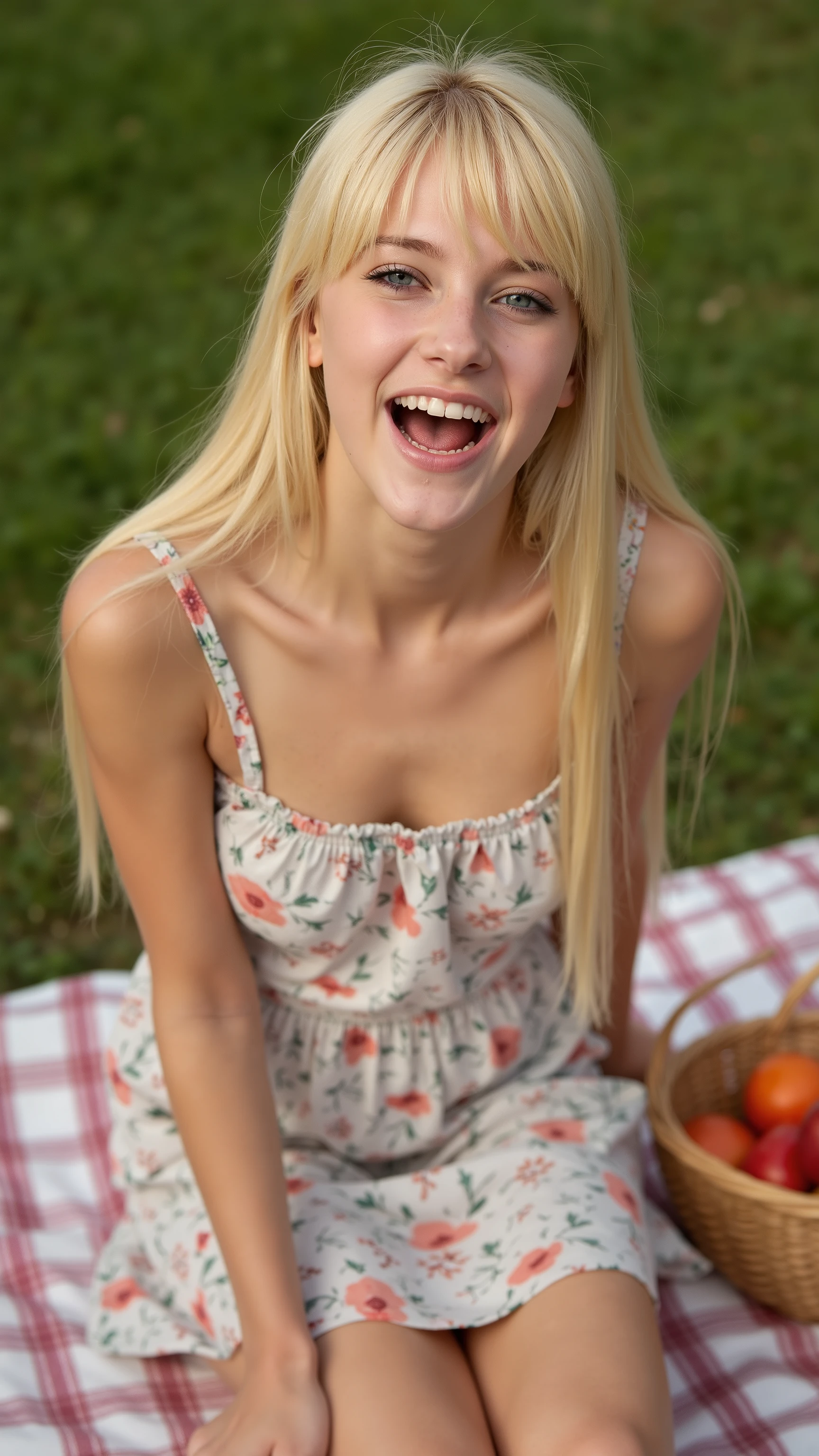 The high resolution photograph of a beautiful slim pale French young lady with extremely detailed large expressive eyes in sundress kneeling in a picnic blanket, long blonde hair with long bangs, flat chest, cute symmetrical face, (open mouth wide, thick cum load), loving gaze, sharp focus, joyful expression, looking at viewer, face focus, anatomically correct, cowboy shot, from above, outdoors, picnic, fruit basket,, masterpiece, best quality, extremely detailed, absurdres, Intricate details, UHD, 8k, censored turn off, uncensored,