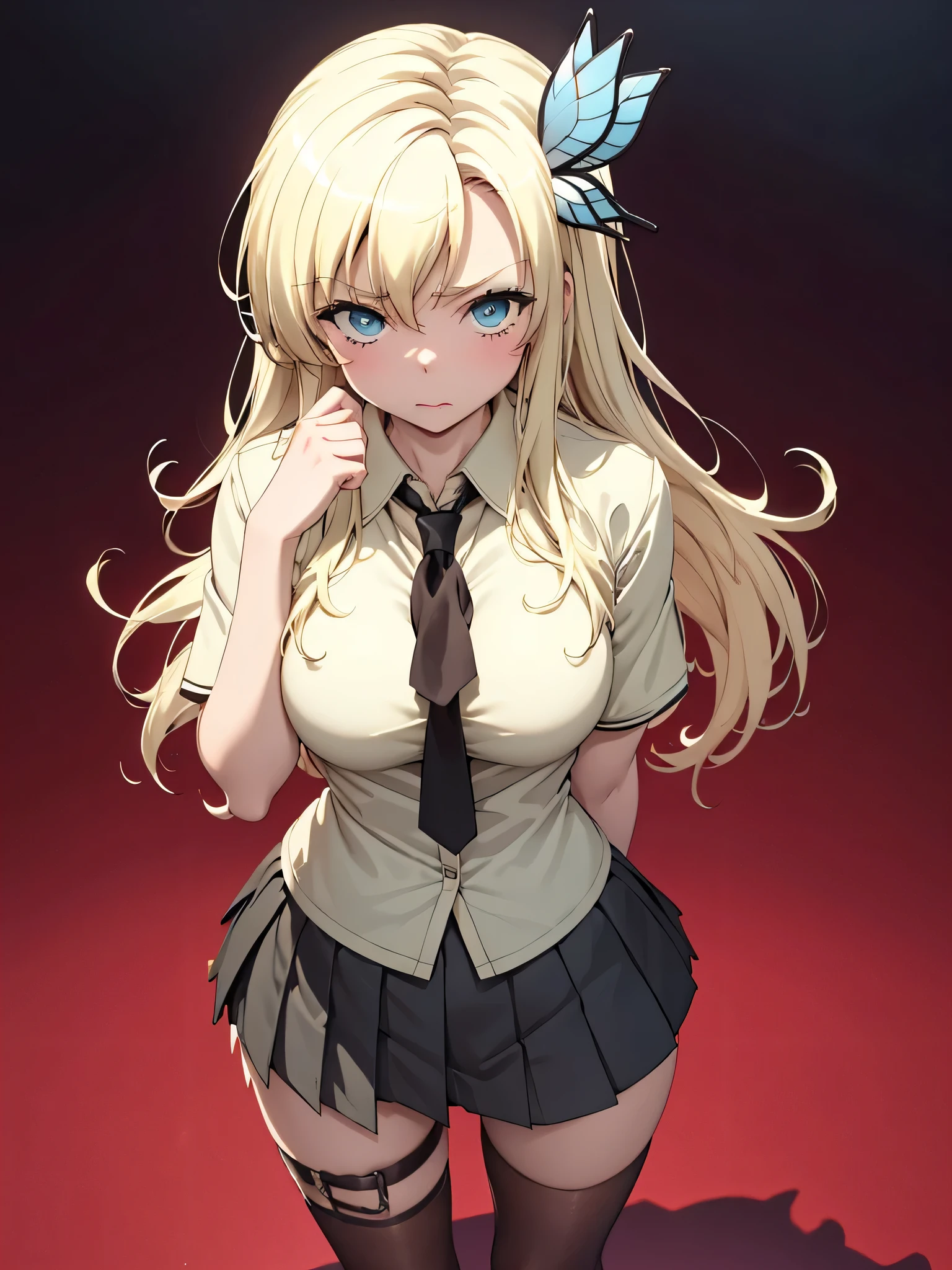 (solo girl),（（optimal quality））， （（Masterpiece））， （A detailed： 1.4），face red，perspire The ultimate masterpiece,(fidelity:1.2),(cute),(big ), cute pose, (Smooth: 1.1), (Cutes: 0.9), (shiny: 1.1),, red lips, cute girl,  anime, (big ), big , detailed lines, 8k image, no blur, perfect, a little , hottest girl in the world, dominant gestures, tights, , cutest girl on earth,  most beautiful girl on earth, white skin, slim waist, (((wearing a  schoolgirl uniform , not  ))), not , (((confidence face gestures))), not looking to the viewer, looking all the way up, blonde hair, sweaty, wallpaper Quality, blue eyes, open field backgroud, fight pose, cleavage, photo taken from above