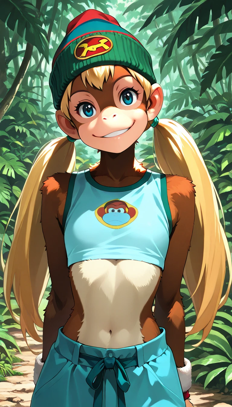 (female monkey, t_kong, Donkey Kong), (extremely detailed CG unit 8k wallpaper),(master part), (best quality), (ultra detail), (best illustration),(ghibli_style), cowboy shot, standing, sexy pose, facing viewer, looking at viewer, perfect face, perfect eyes, perfect fingers, (Sharp eyeliner, ombre, detailed eyes:1), traditional media, ghibli landscapes, outside, jungle, break , upper body, solo, smile, (beanie, blonde hair, twintails, blue eyes, crop top blue crop top, sleeveless, wristband, midriff, furry, brown fur, hands behind back, head tilt, petite, flat chest)