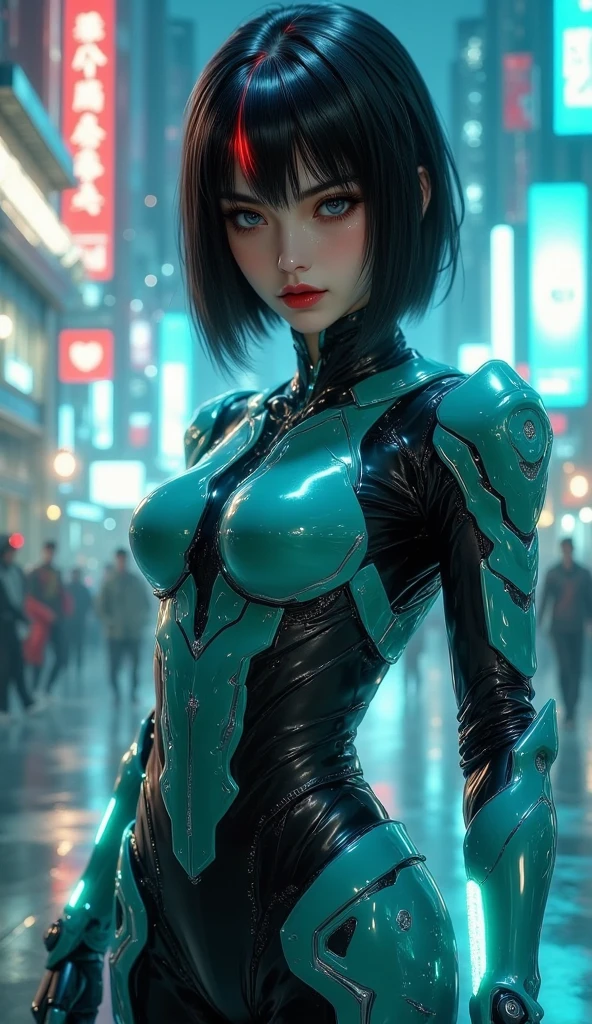 ((Full body):2) (({1/woman – cyborg}):1.5). Only {1/woman, cyborg}:((she has a semi human half machine half human body, is wearing a futuristic black suit extremely tight on her body):1.3). Only {1/woman, cyborg}:((has extremely large breasts):1.3). Only {1/woman – cyborg}:((has very short blue hair, dark green eyes):1.3). Only {1/woman – cyborg}:((stunning sensual poses holding a futuristic sniper rifle standing):1.3). In a futuristic city, it's raining a lot at night, the city is with ((several robots running):1.5) behind Only {1/cyborg woman}. anime, anime style, 16k, high resolution, ((best quality, high detail: 1.3)), UHD, ((masterpiece))